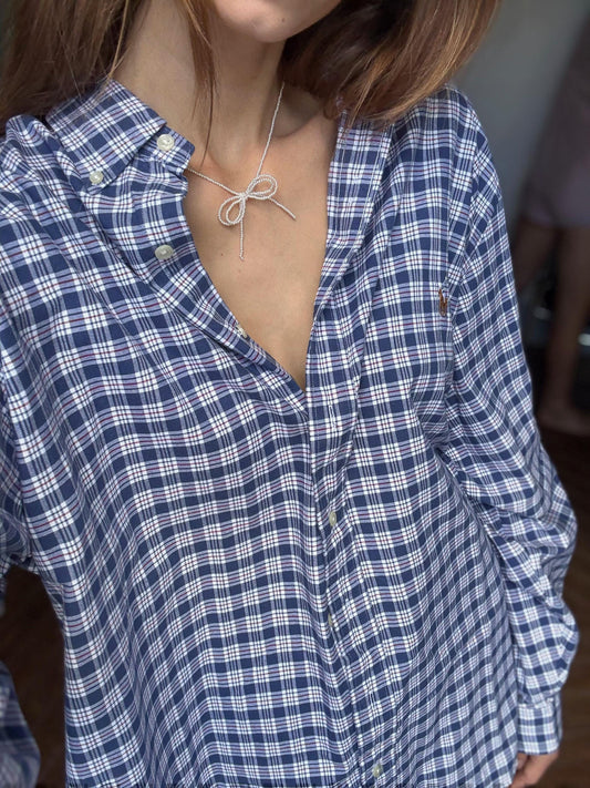 Vintage Ralph Lauren Button Up Blouse in Blue Plaid pattern, Oversized boyfriend Oxford shirt,