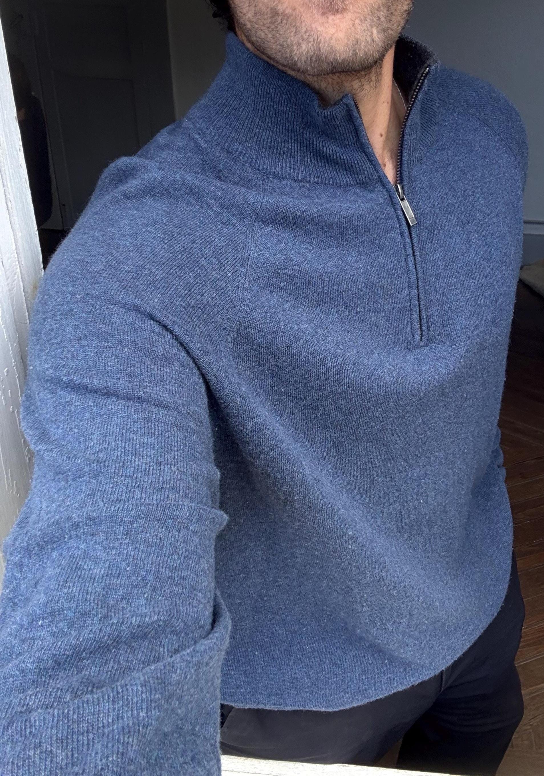 Vintage lambswool half-zip jumper, 100% lambswool soft knit mock neck pullover in blue, men’s sweater size 3XL - EU 62 - US XXL
