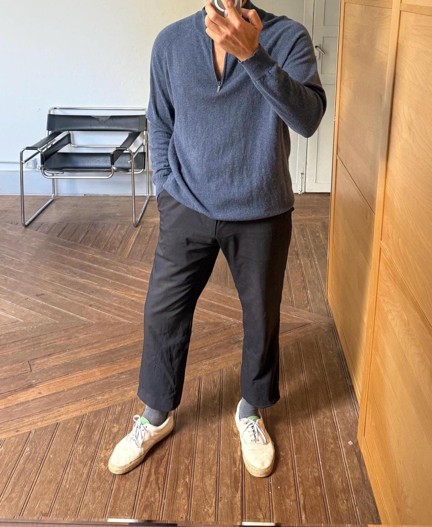 Vintage lambswool half-zip jumper, 100% lambswool soft knit mock neck pullover in blue, men’s sweater size 3XL - EU 62 - US XXL