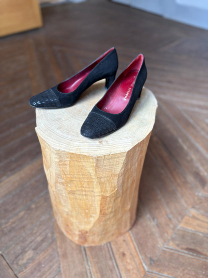 Vintage Charles Jourdan Black Suede Heels — back view