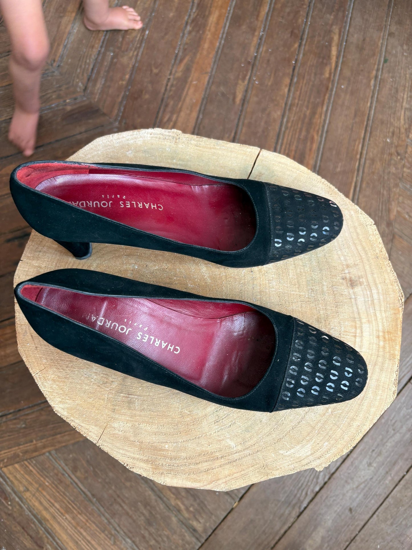 Vintage Charles Jourdan Paris Black Suede Leather Heels - Size 8.5 EU 39 UK 6 - Designer Pumps