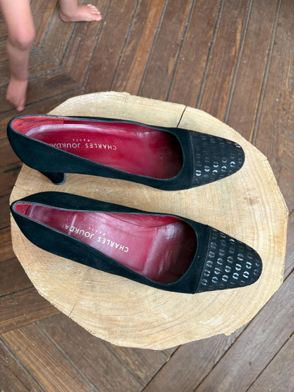 Vintage Charles Jourdan Black Suede Heels — fabric close-up