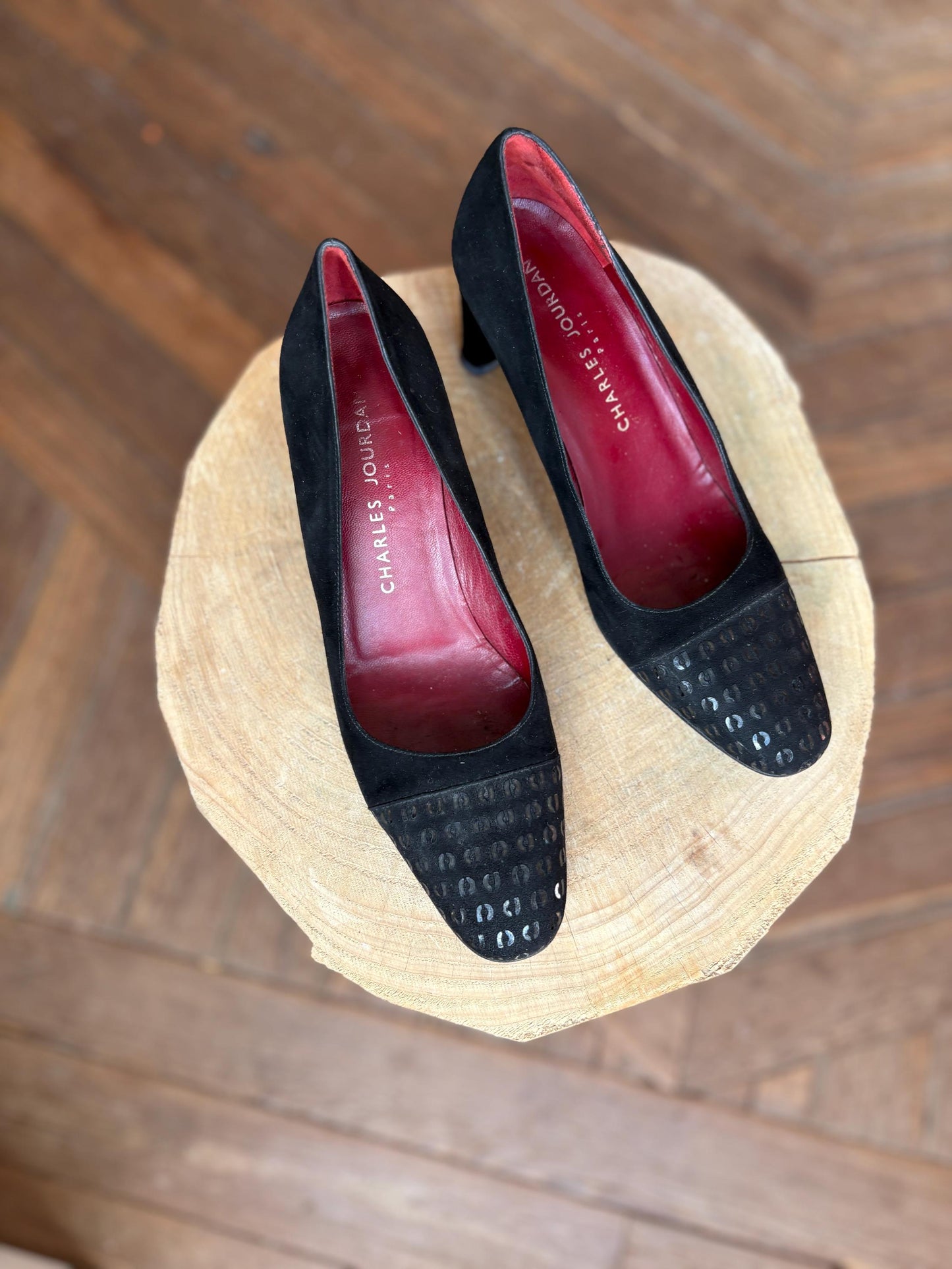 Vintage Charles Jourdan Paris Black Suede Leather Heels - Size 8.5 EU 39 UK 6 - Designer Pumps