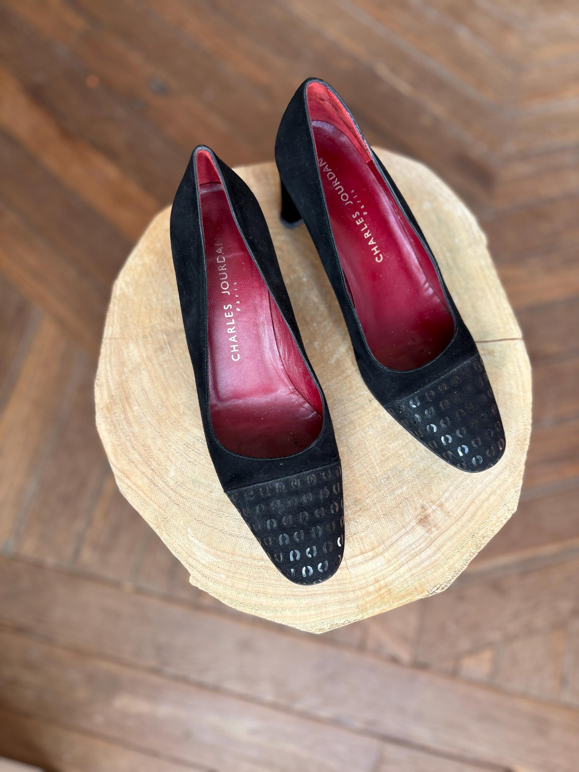 Vintage Charles Jourdan Paris Black Suede Leather Heels - Size 8.5 EU 39 UK 6 - Designer Pumps