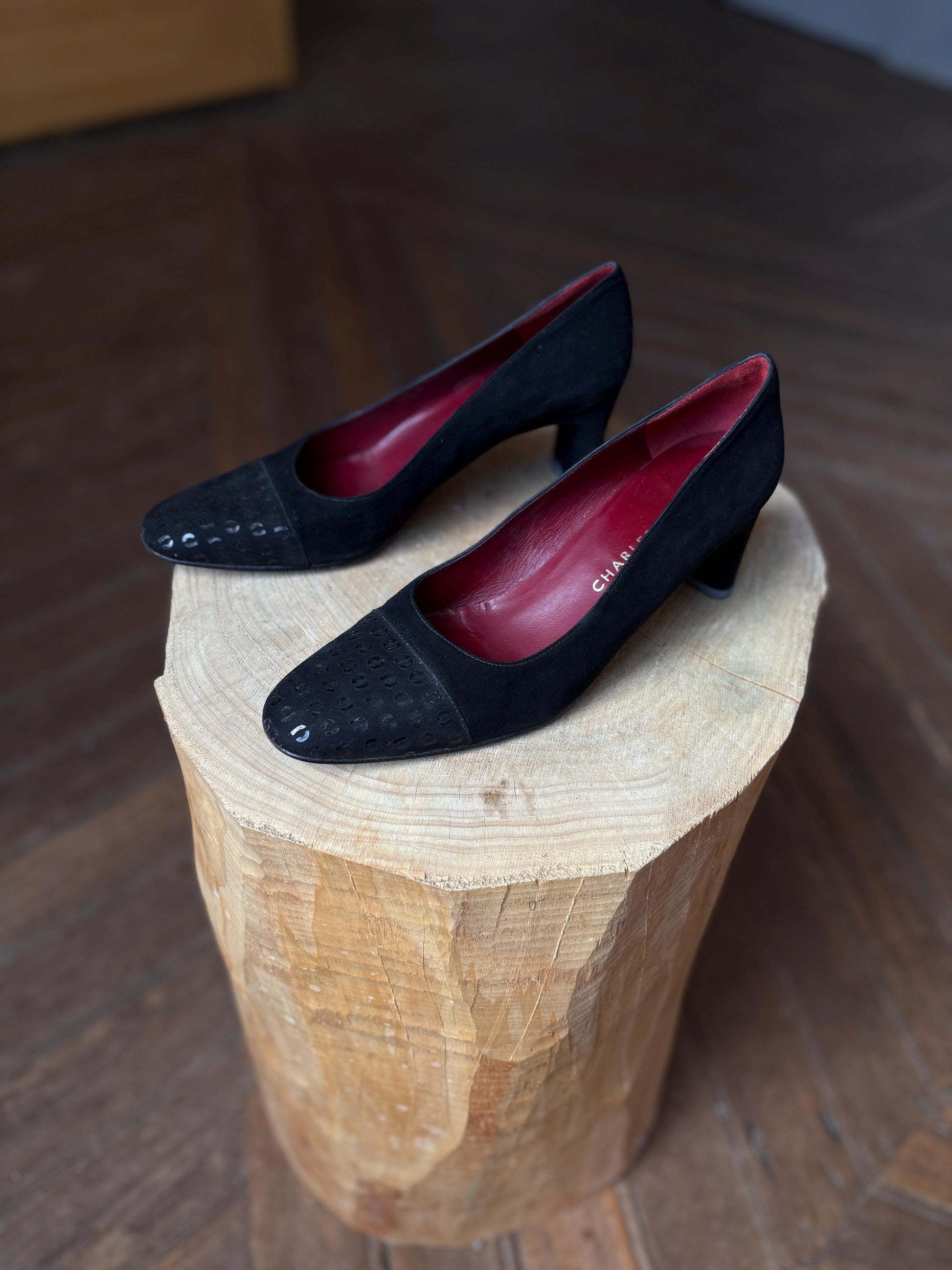 Vintage Charles Jourdan Paris Black Suede Leather Heels - Size 8.5 EU 39 UK 6 - Designer Pumps