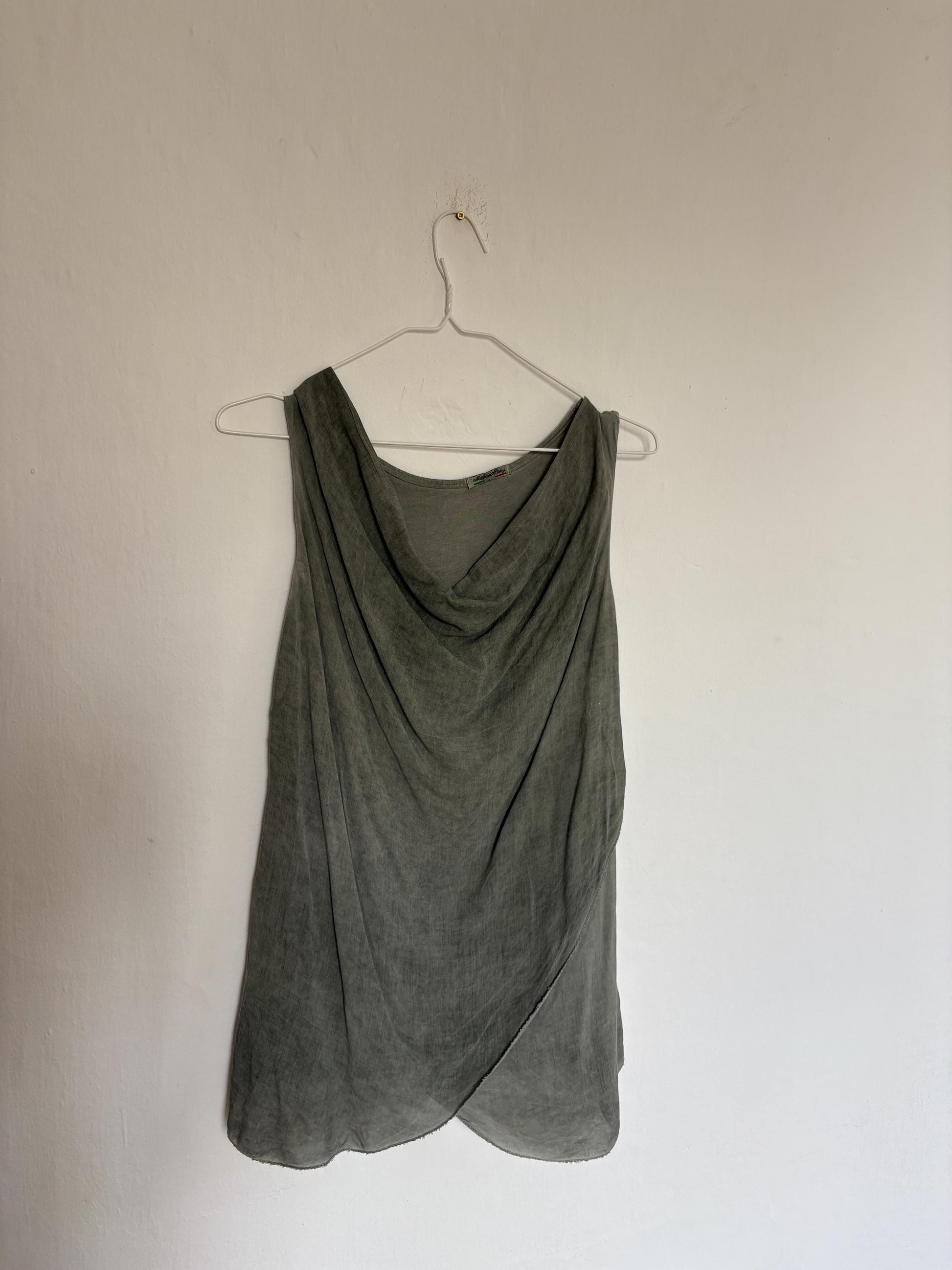 Vintage luxury made in Italy draped camisole top, Light grey elegant summer minimal camisole, Super soft shirt
