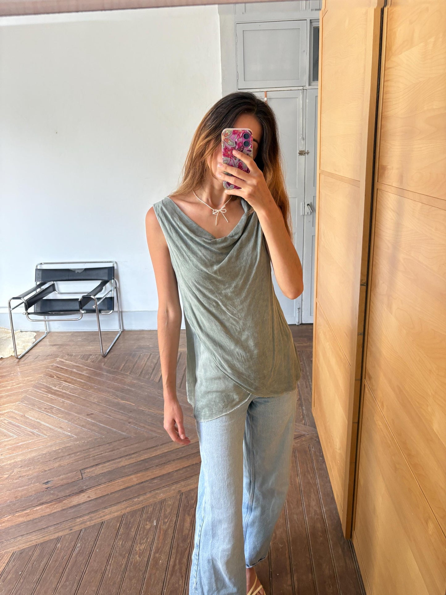 Vintage luxury made in Italy draped camisole top, Light grey elegant summer minimal camisole, Super soft shirt