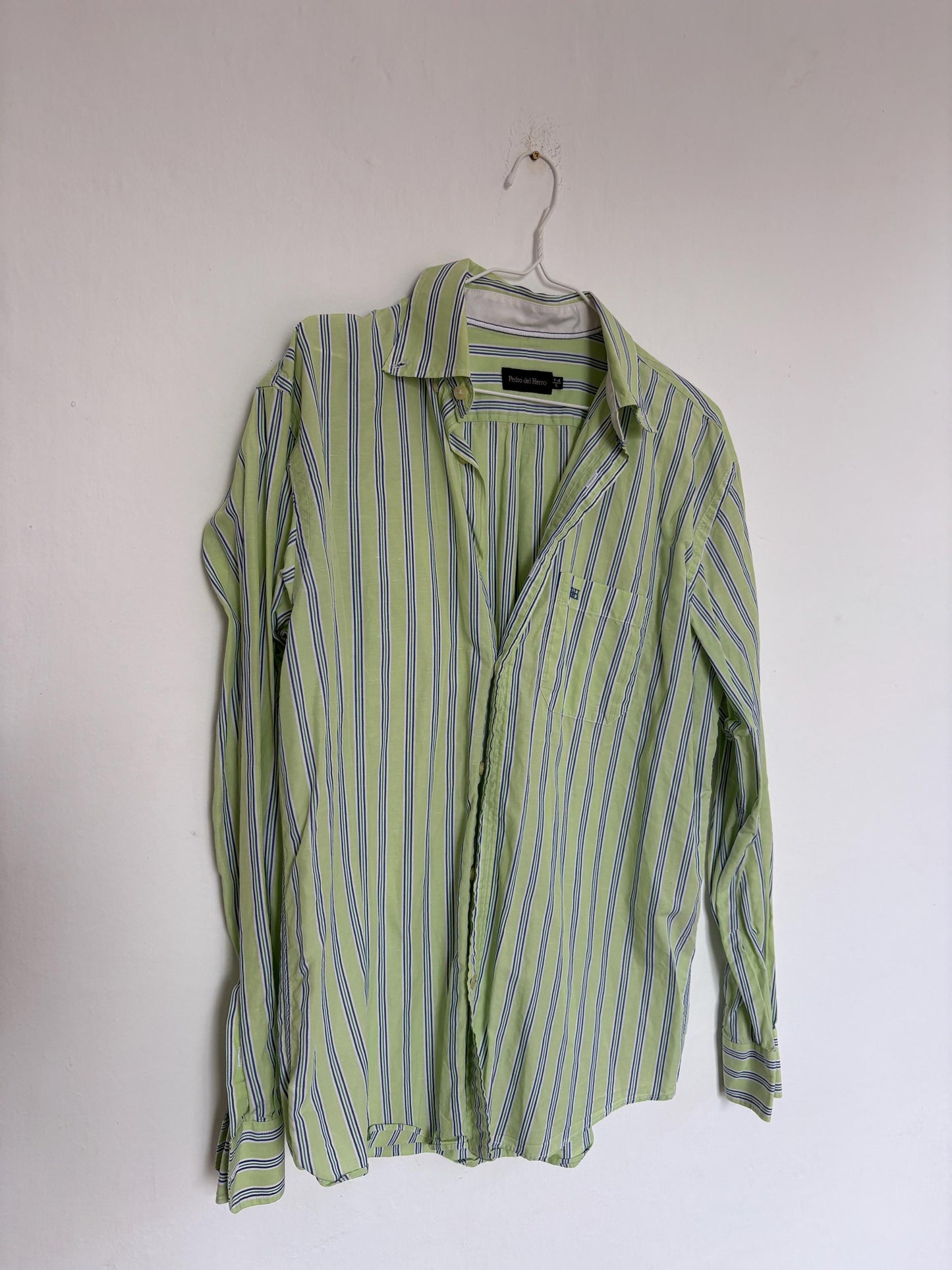 Vintage green Pedro del Hierro button down blouse, Luxe striped cotton linen blend unisex oversized shirt, Preppy classic aesthetic