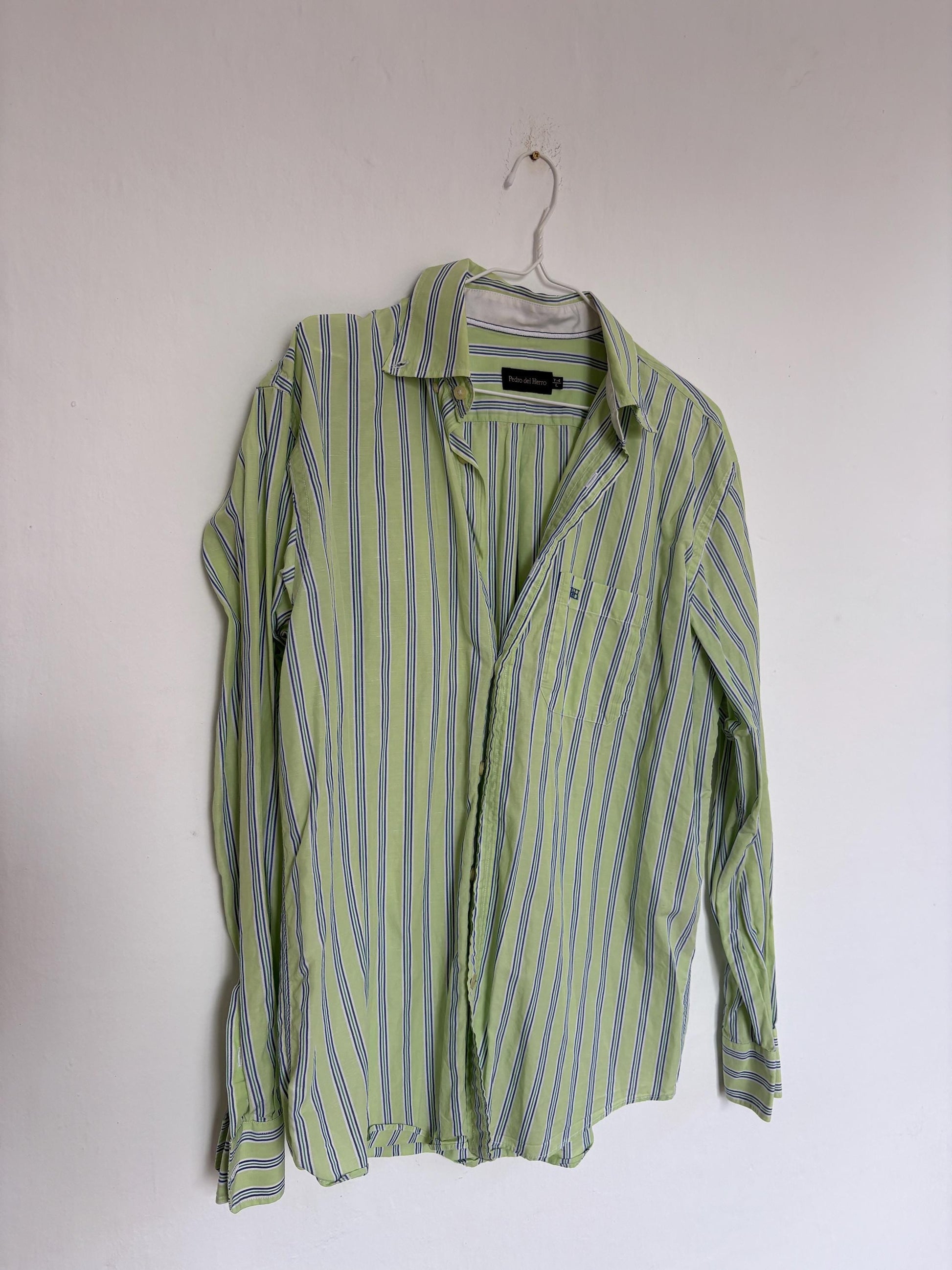 Vintage green Pedro del Hierro button down blouse, Luxe striped cotton linen blend unisex oversized shirt, Preppy classic aesthetic