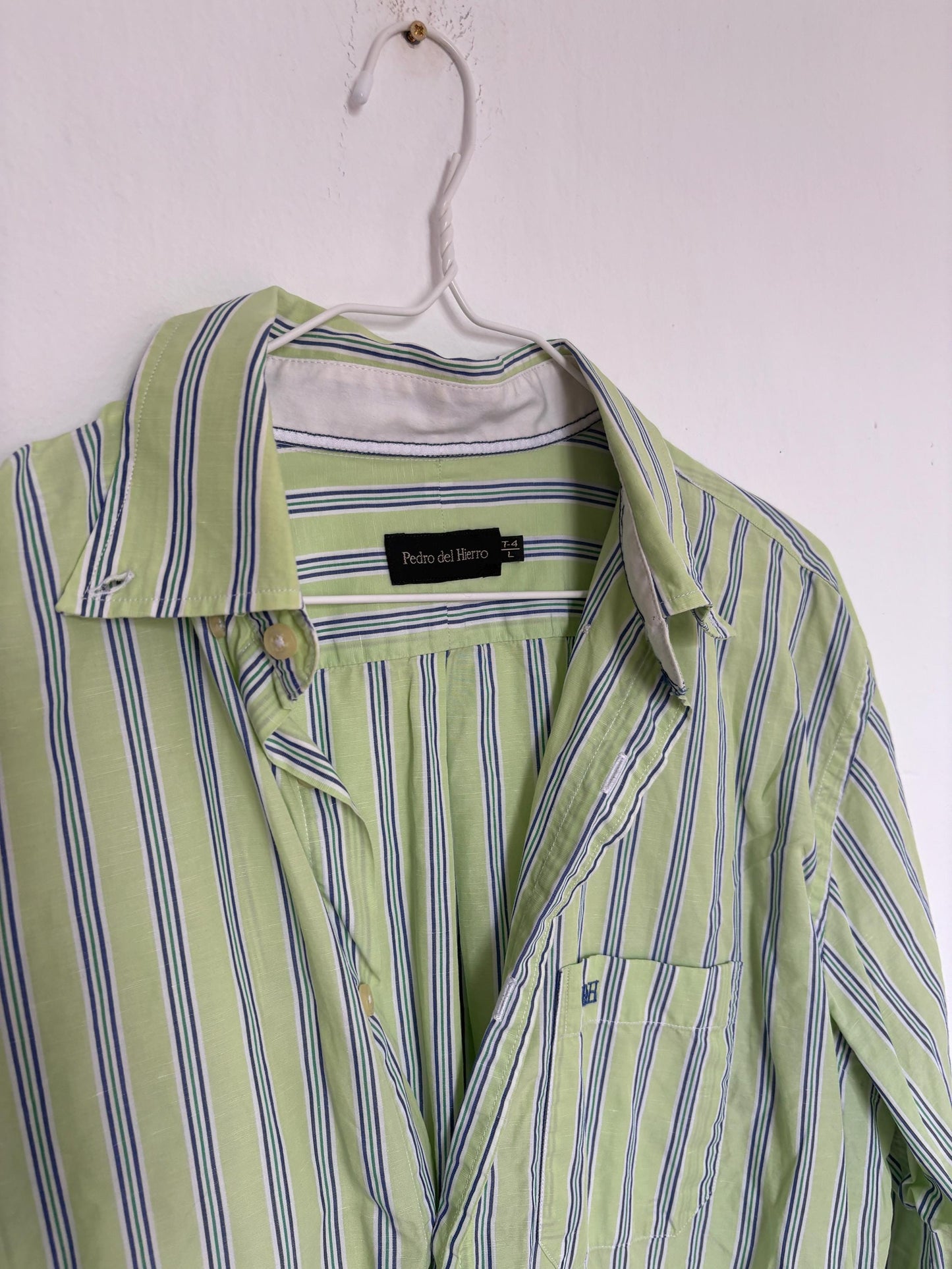 Vintage green Pedro del Hierro button down blouse, Luxe striped cotton linen blend unisex oversized shirt, Preppy classic aesthetic
