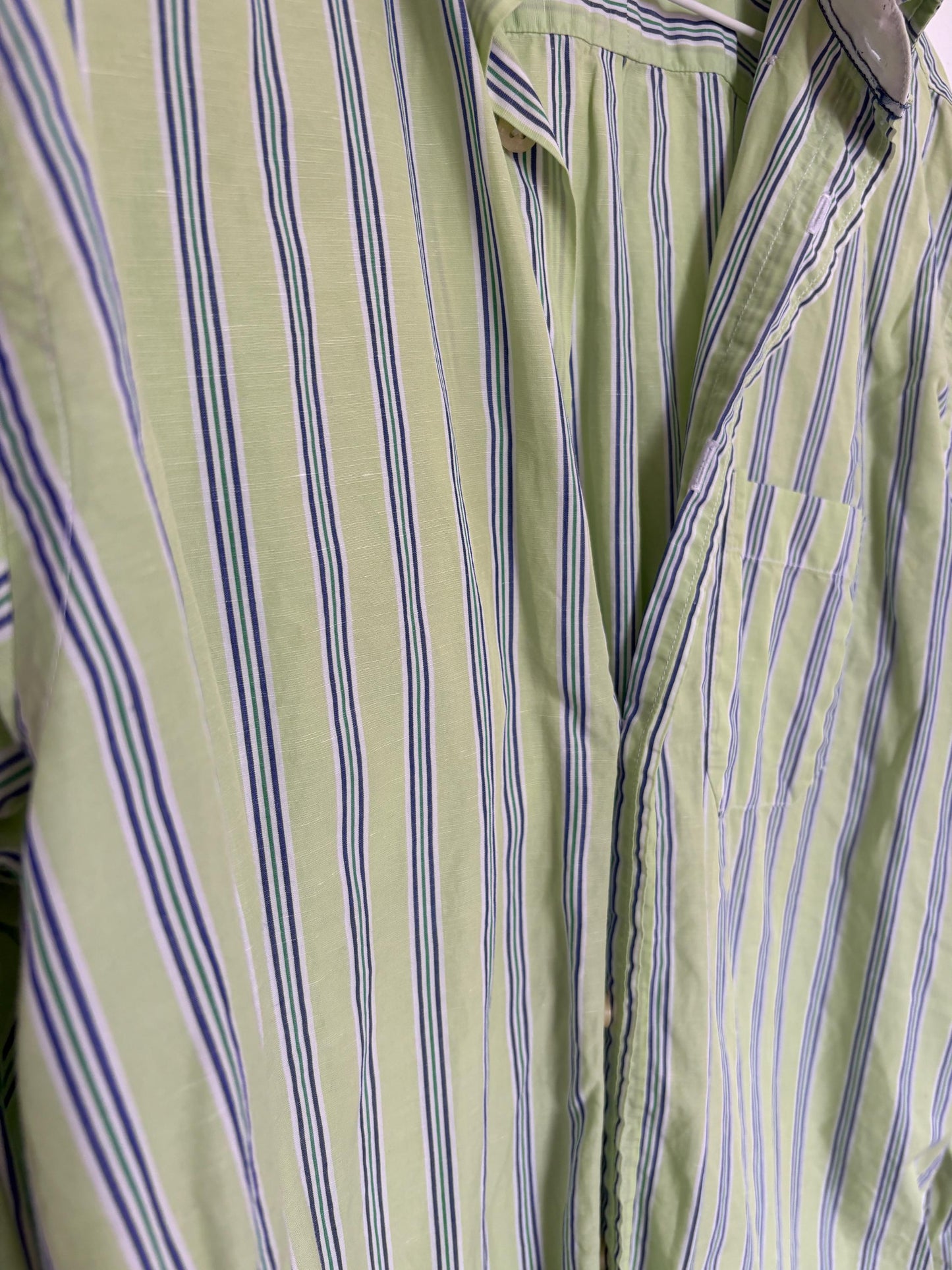 Vintage green Pedro del Hierro button down blouse, Luxe striped cotton linen blend unisex oversized shirt, Preppy classic aesthetic