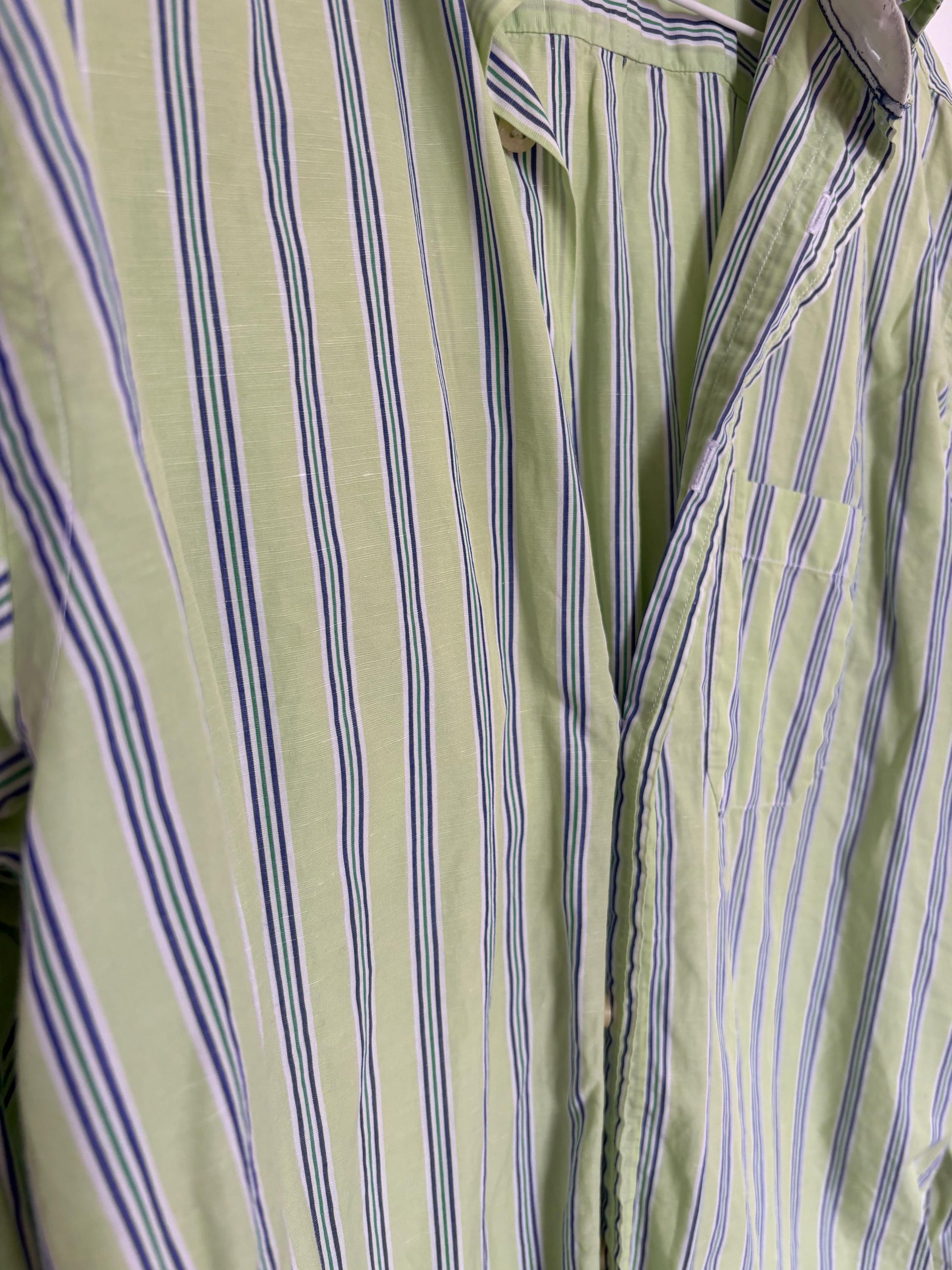 Vintage green Pedro del Hierro button down blouse, Luxe striped cotton linen blend unisex oversized shirt, Preppy classic aesthetic