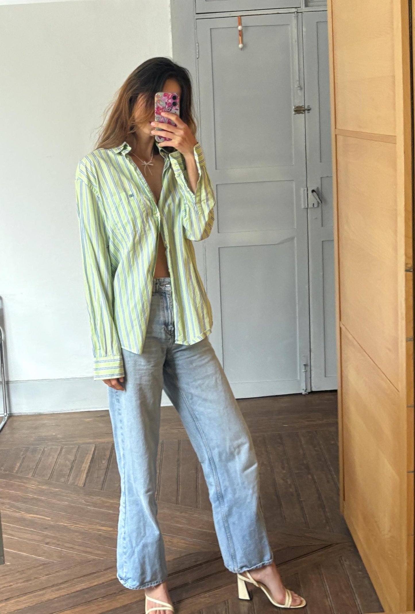 Vintage green Pedro del Hierro button down blouse, Luxe striped cotton linen blend unisex oversized shirt, Preppy classic aesthetic