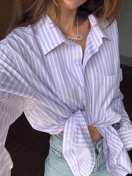 Vintage Emidio Tucci Lavender Stripe Shirt, Men’s Size 8, Cotton oversized button down, Knot tie crop top, Size XL