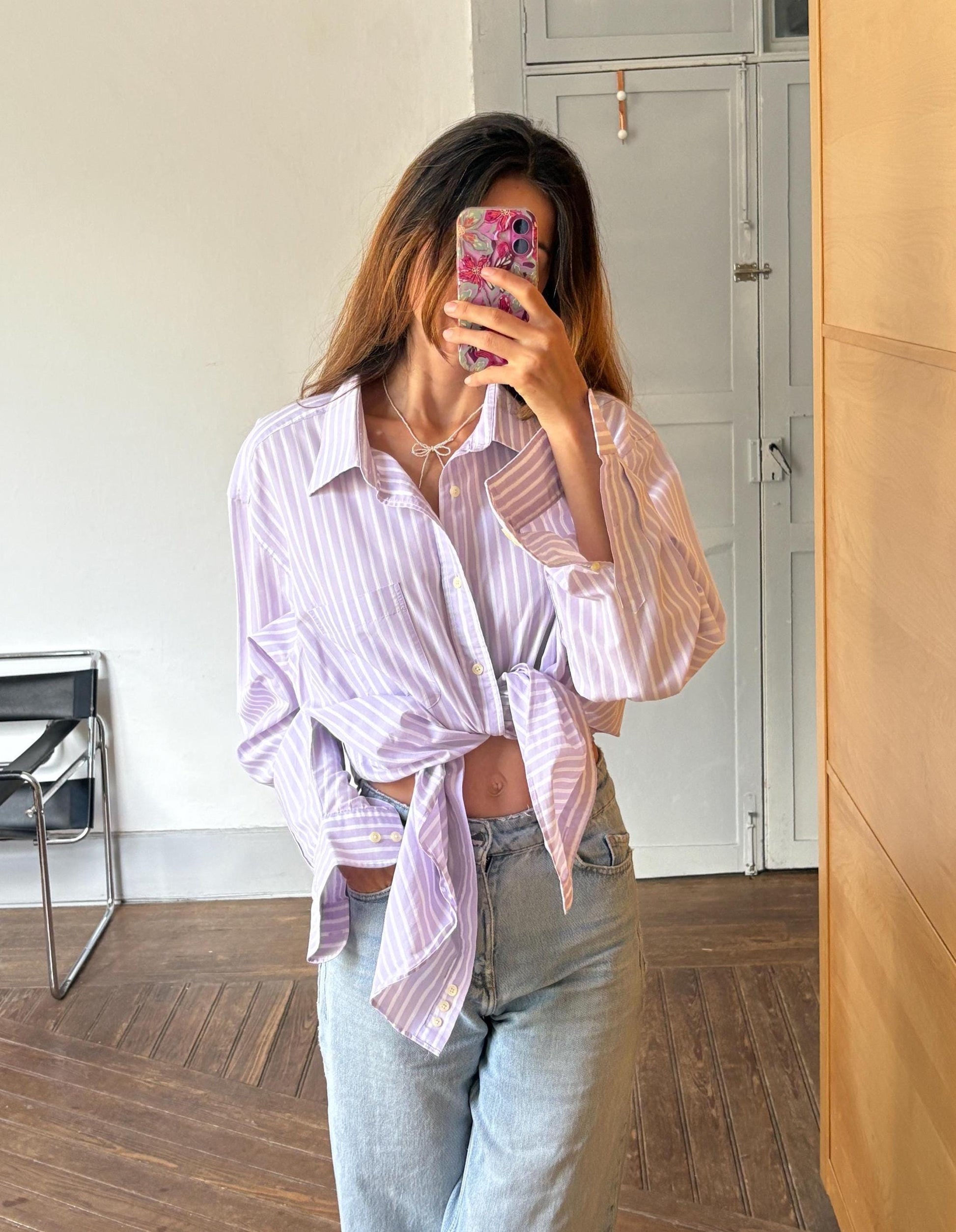 Vintage Emidio Tucci Lavender Stripe Shirt, Men’s Size 8, Cotton oversized button down, Knot tie crop top, Size XL