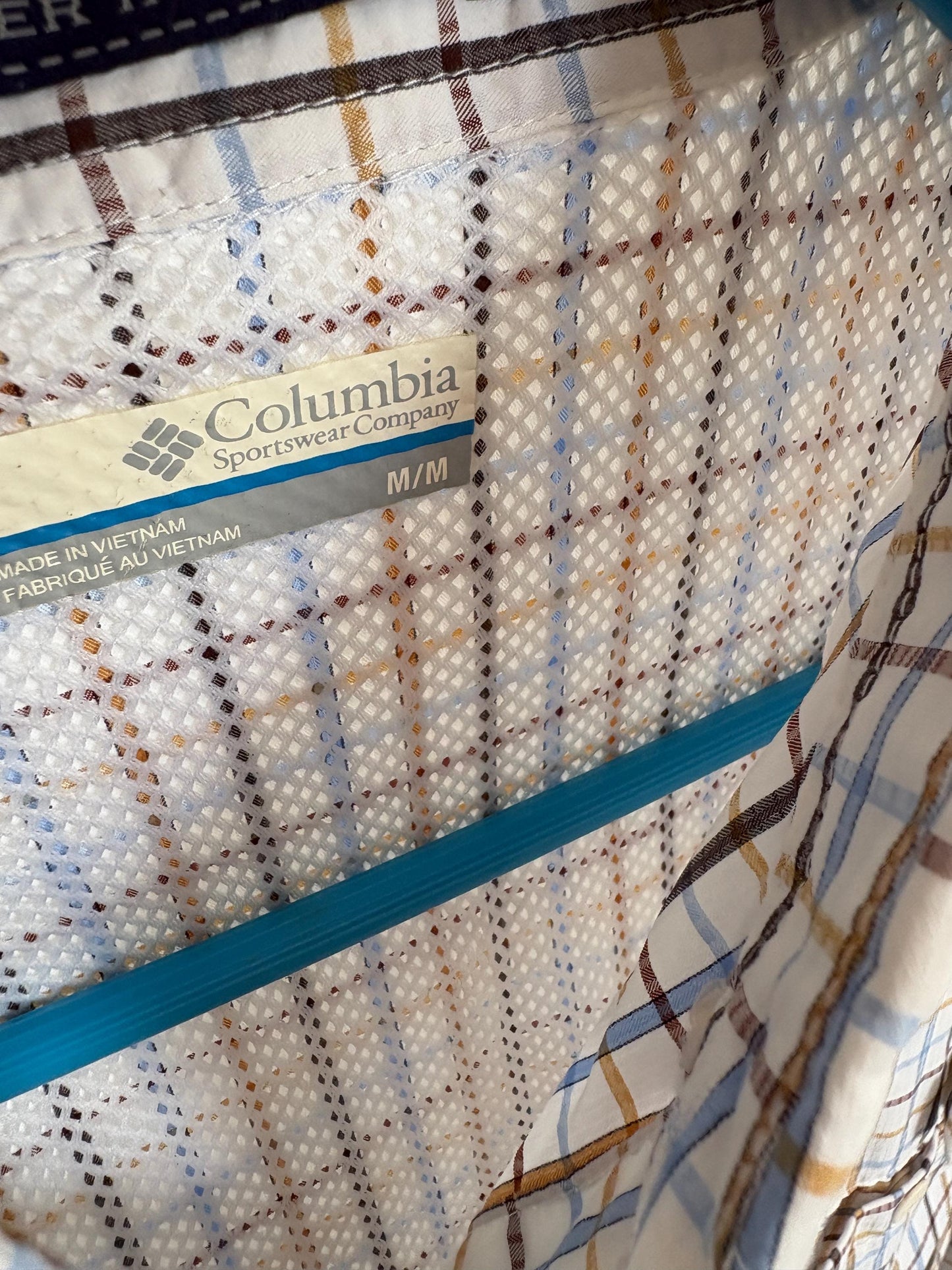 Columbia vintage check shirt M mesh lining utility outdoor button down hiking shirt unisex oversized fit blue brown plaid