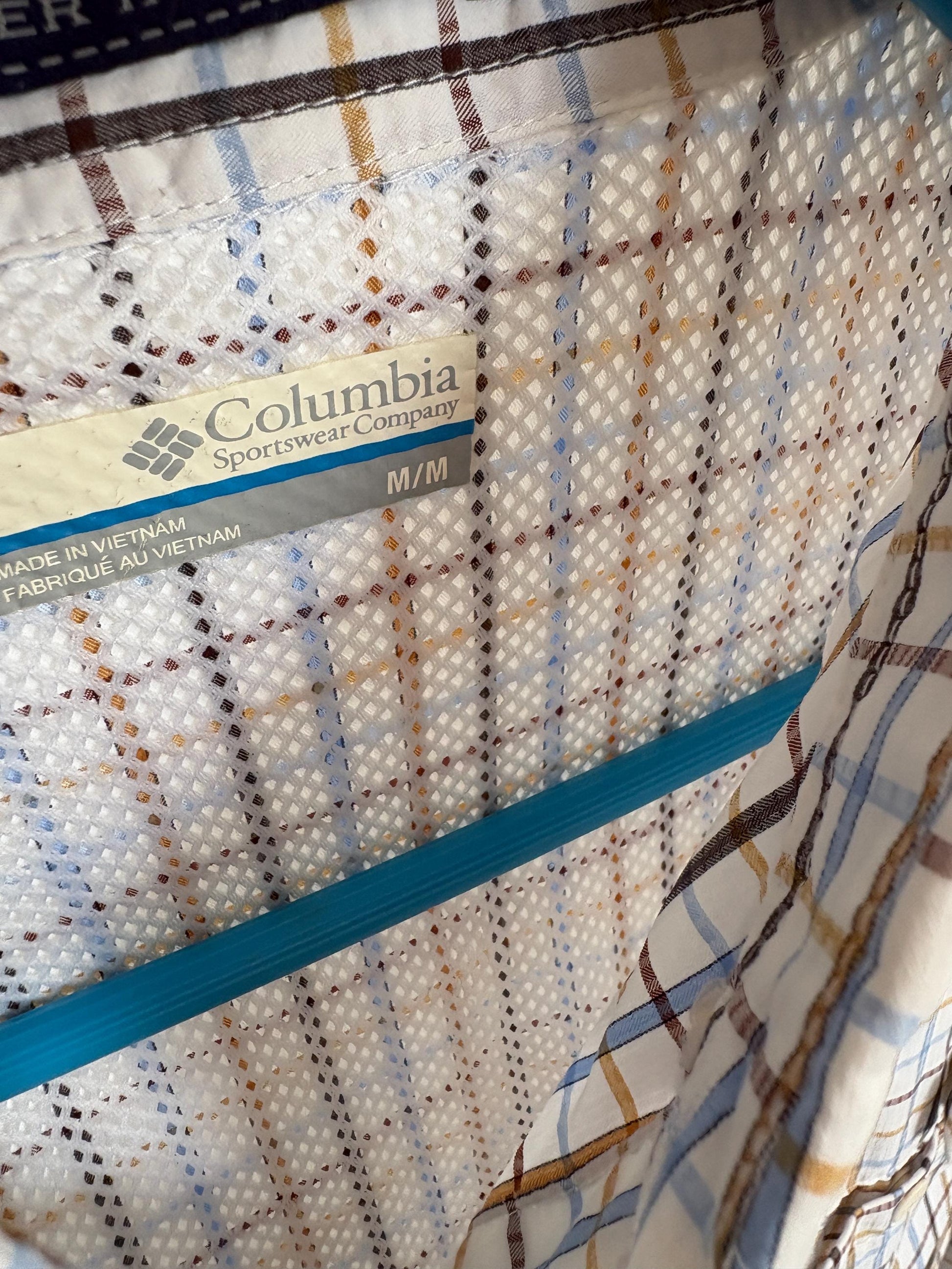 Columbia vintage check shirt M mesh lining utility outdoor button down hiking shirt unisex oversized fit blue brown plaid