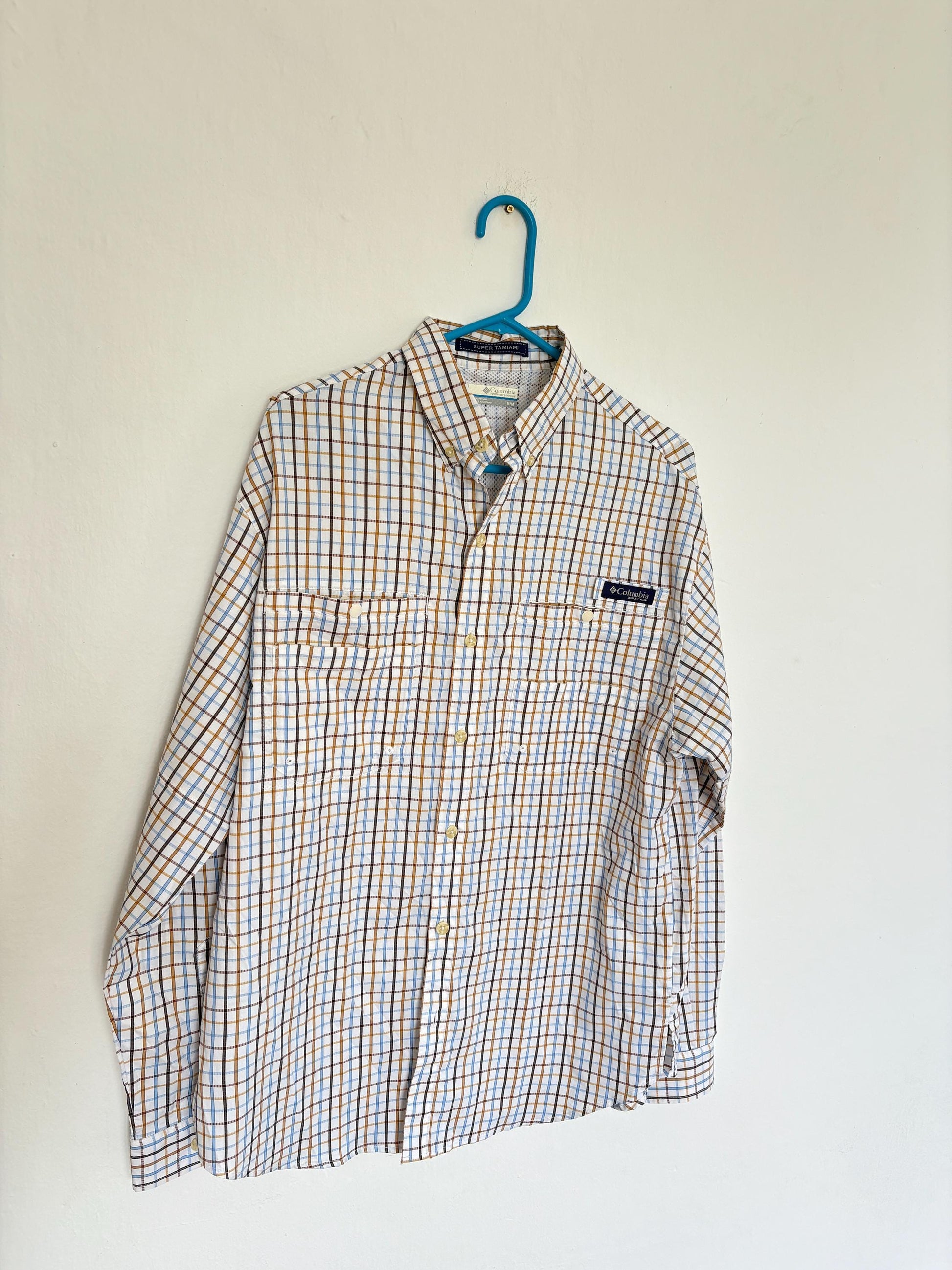Columbia vintage check shirt M mesh lining utility outdoor button down hiking shirt unisex oversized fit blue brown plaid