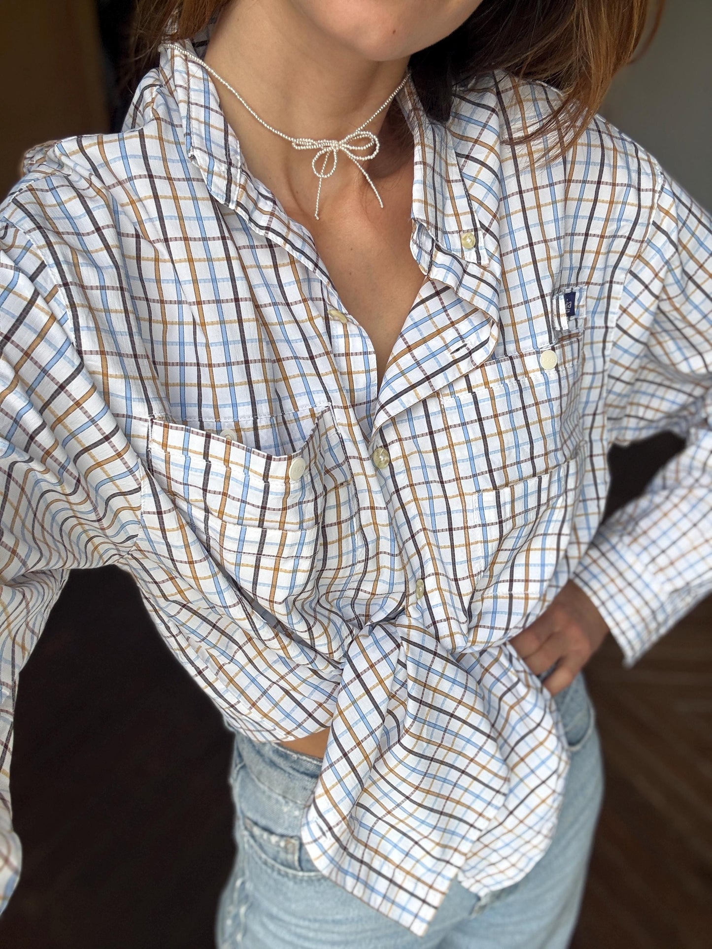 Columbia vintage check shirt M mesh lining utility outdoor button down hiking shirt unisex oversized fit blue brown plaid