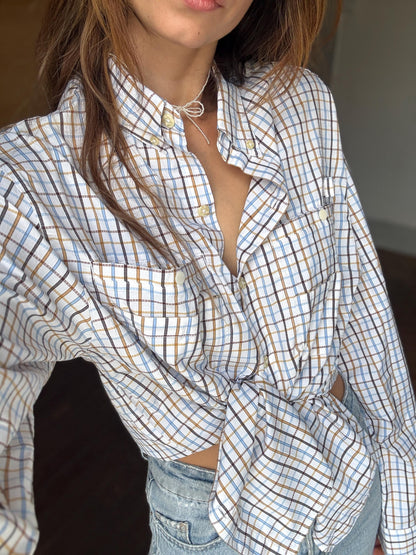 Columbia Vintage Check Shirt Blue Brown Plaid Mesh Lining Medium