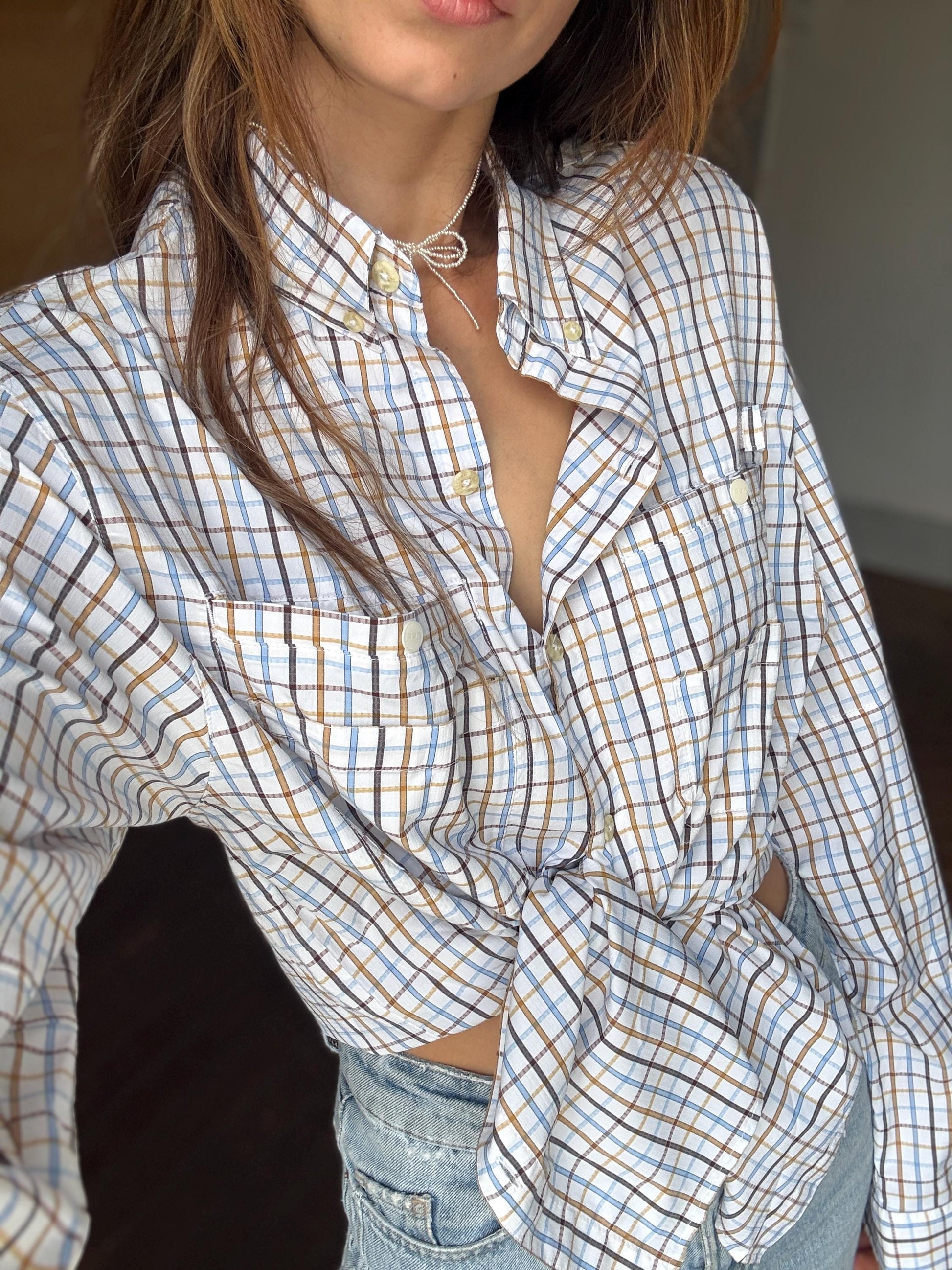 Columbia vintage check shirt M mesh lining utility outdoor button down hiking shirt unisex oversized fit blue brown plaid