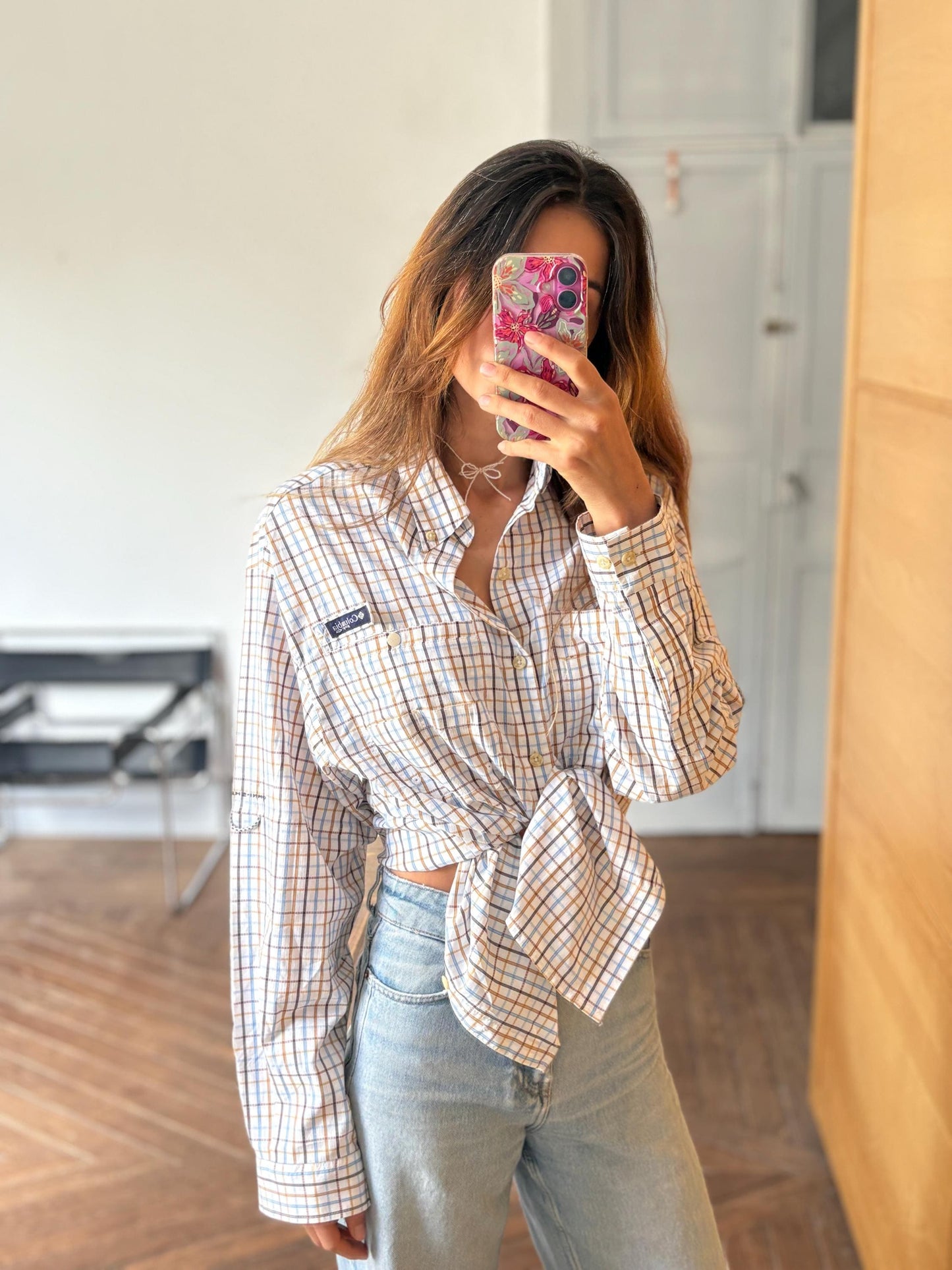 Columbia vintage check shirt M mesh lining utility outdoor button down hiking shirt unisex oversized fit blue brown plaid