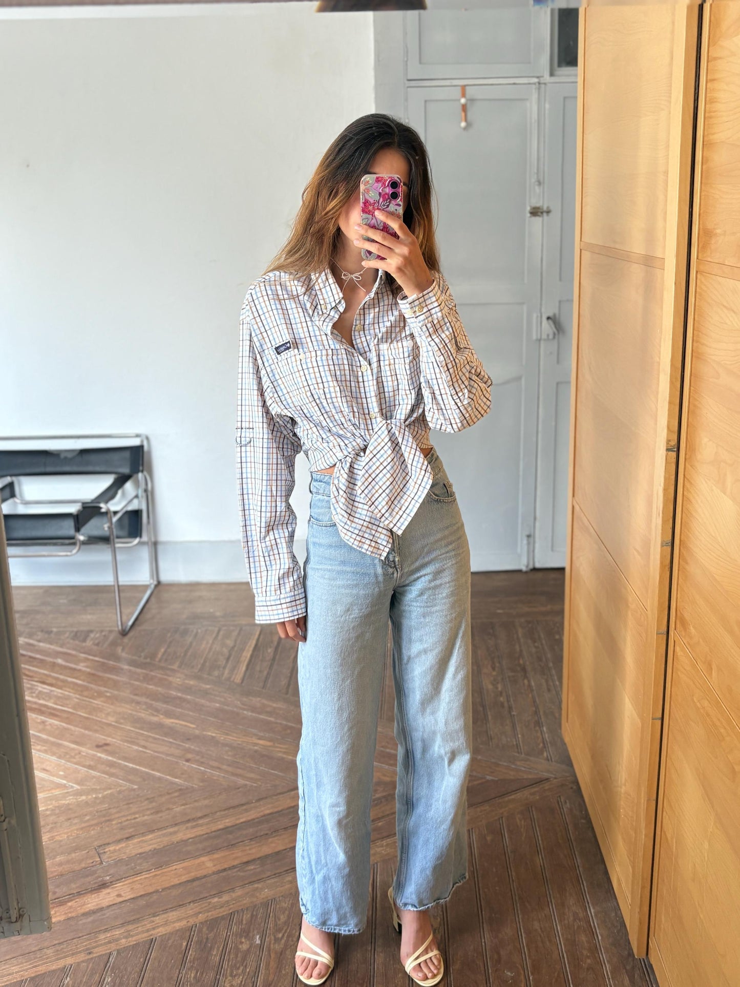 Columbia vintage check shirt M mesh lining utility outdoor button down hiking shirt unisex oversized fit blue brown plaid