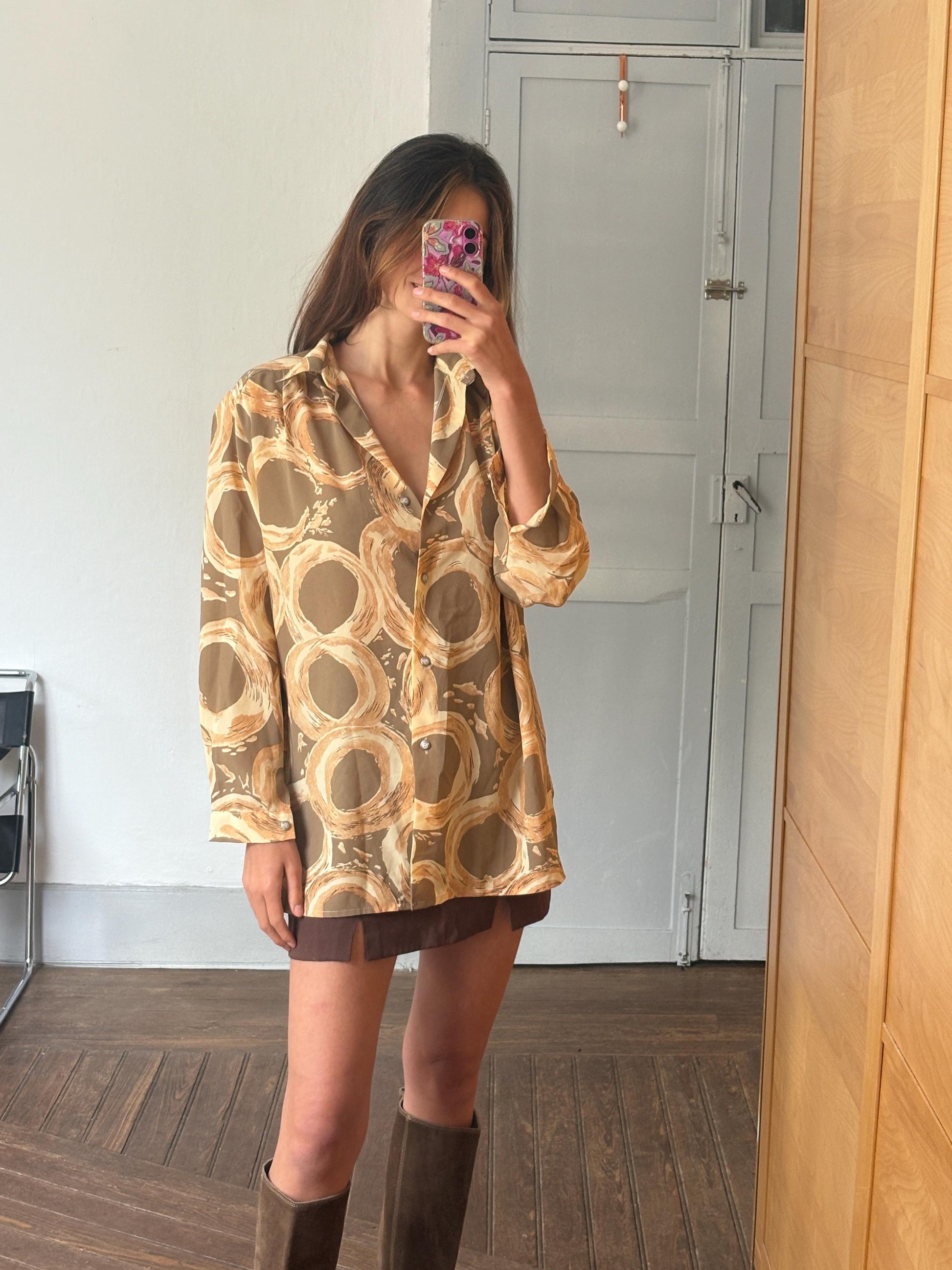 Vintage groovy abstract print summer blouse, oversized fit, breezy and cool, 70s retro vibes,