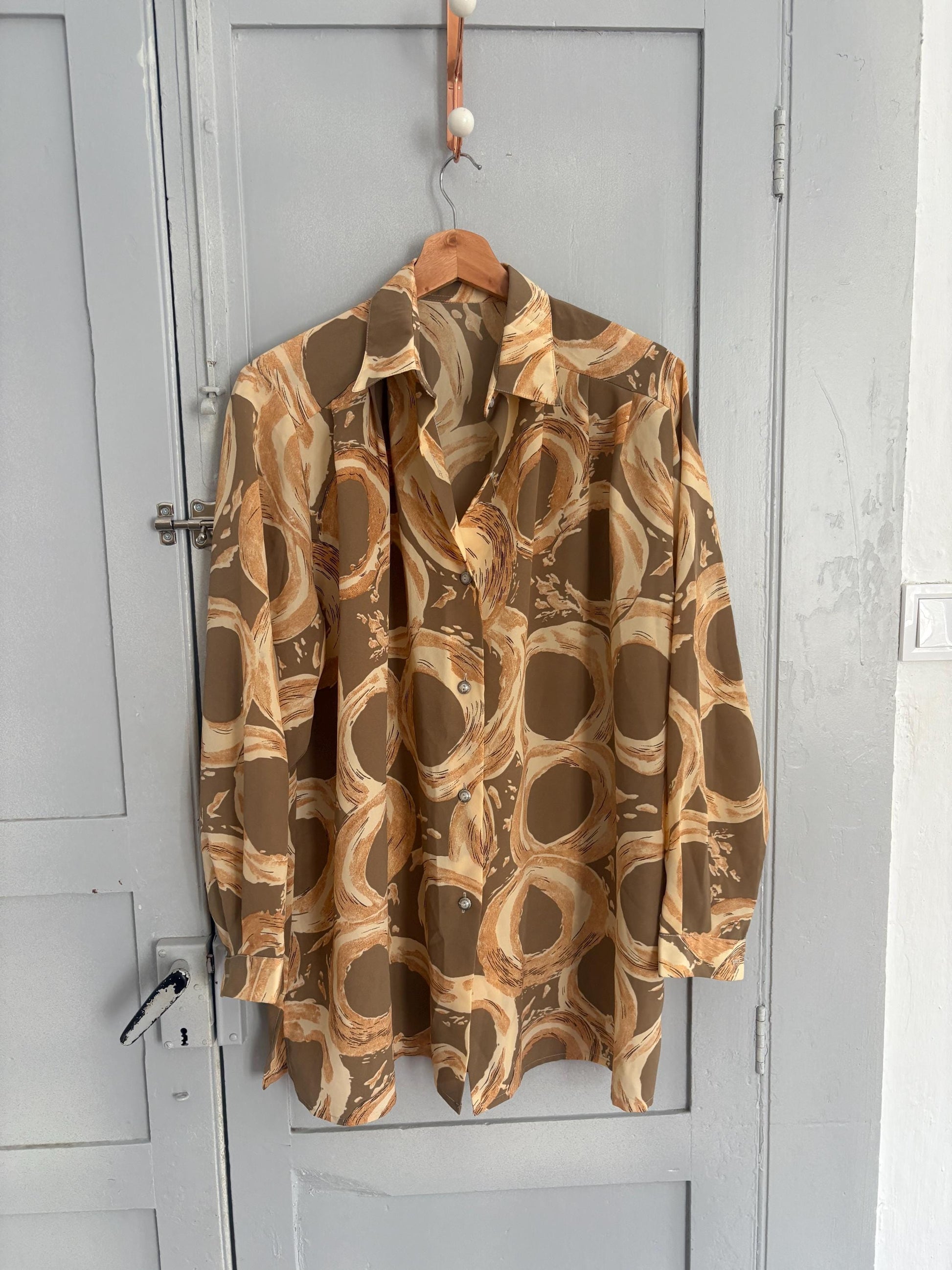 Vintage groovy abstract print summer blouse, oversized fit, breezy and cool, 70s retro vibes,