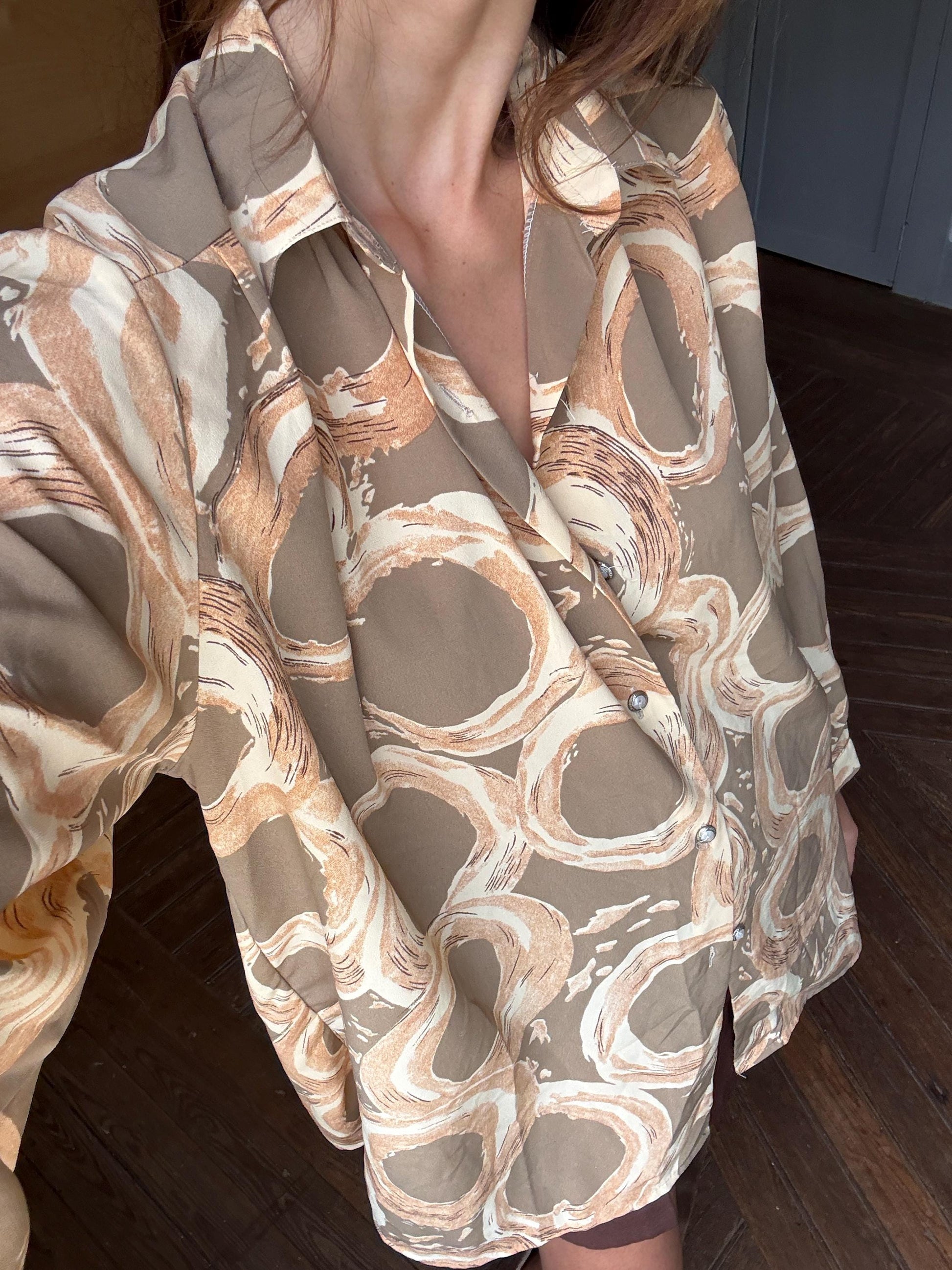 Vintage groovy abstract print summer blouse, oversized fit, breezy and cool, 70s retro vibes,