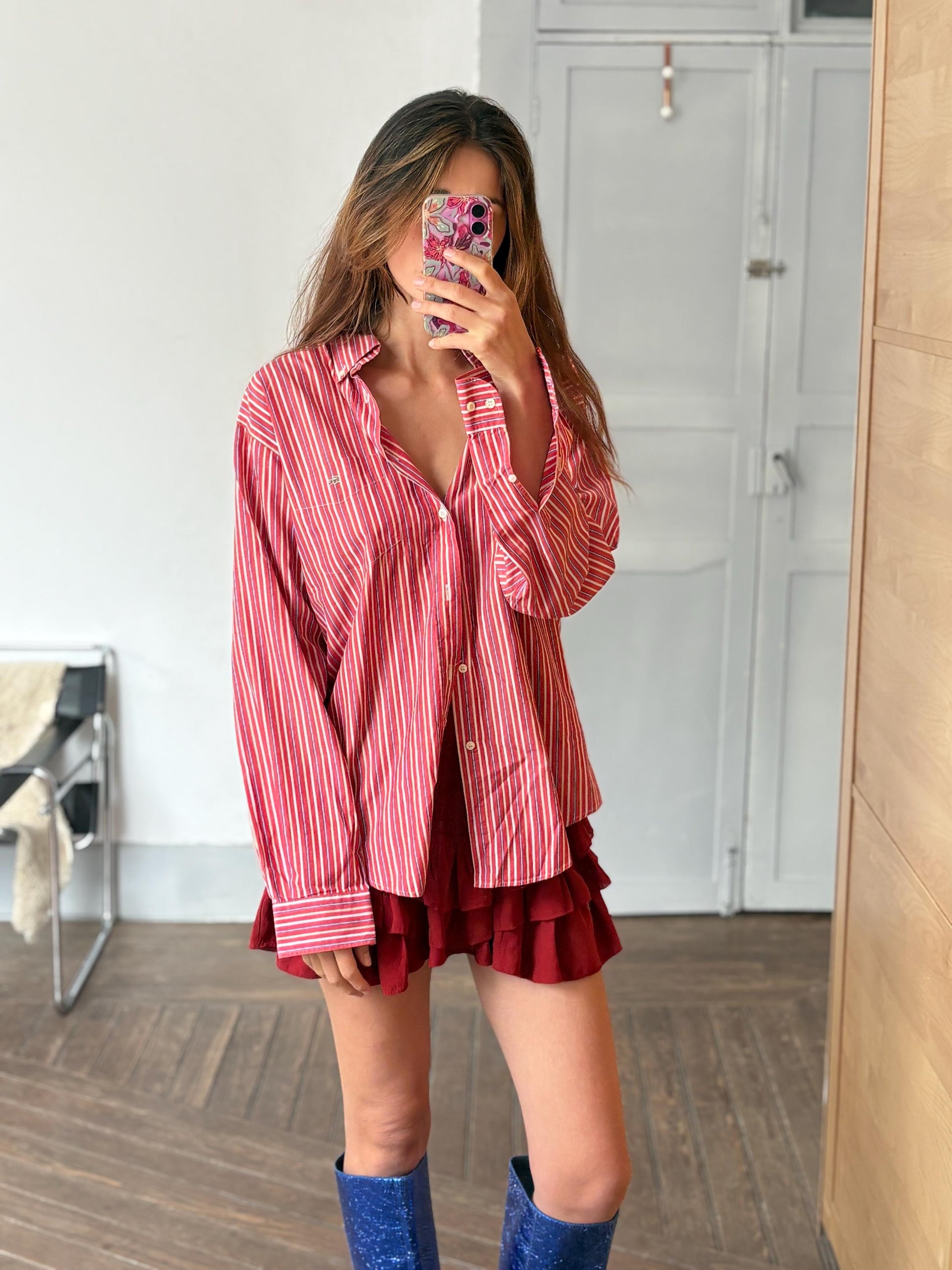 Vintage Red lacoste striped men's shirt, Elegant button up shirt, Knot tie oversized blouse, Colourful boyfriend clothing,