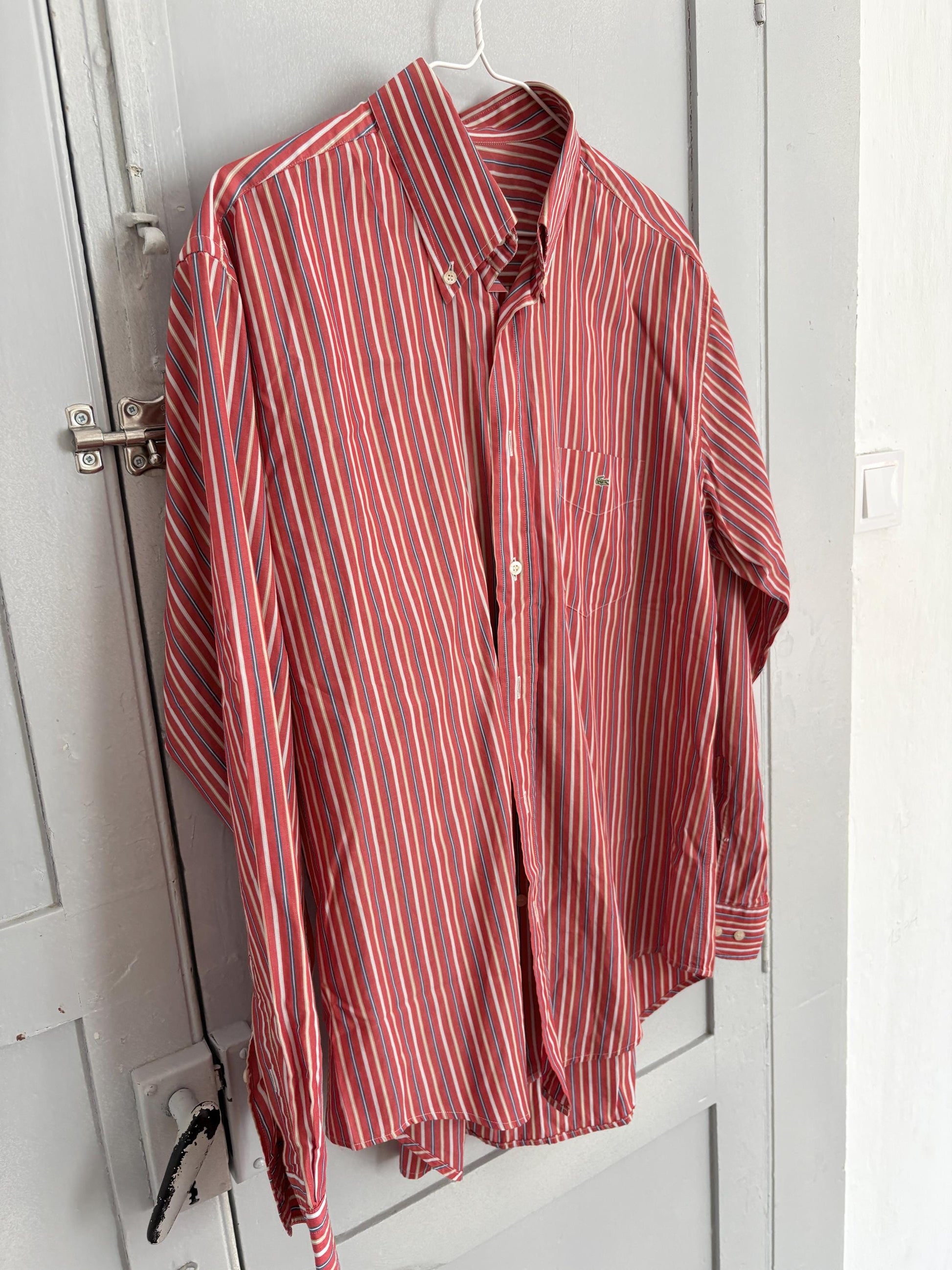 Vintage Red lacoste striped men's shirt, Elegant button up shirt, Knot tie oversized blouse, Colourful boyfriend clothing,