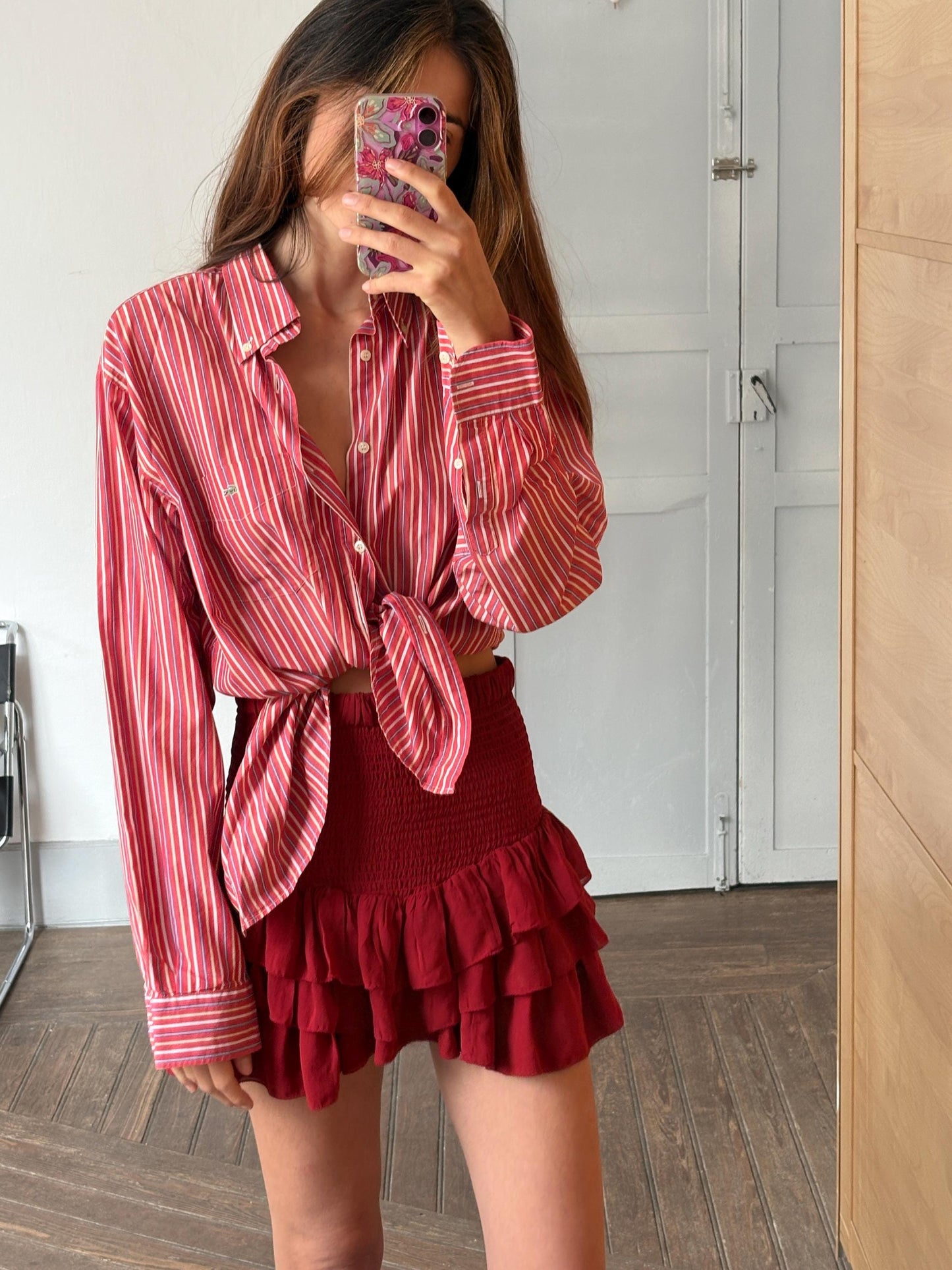 Vintage Red lacoste striped men's shirt, Elegant button up shirt, Knot tie oversized blouse, Colourful boyfriend clothing,