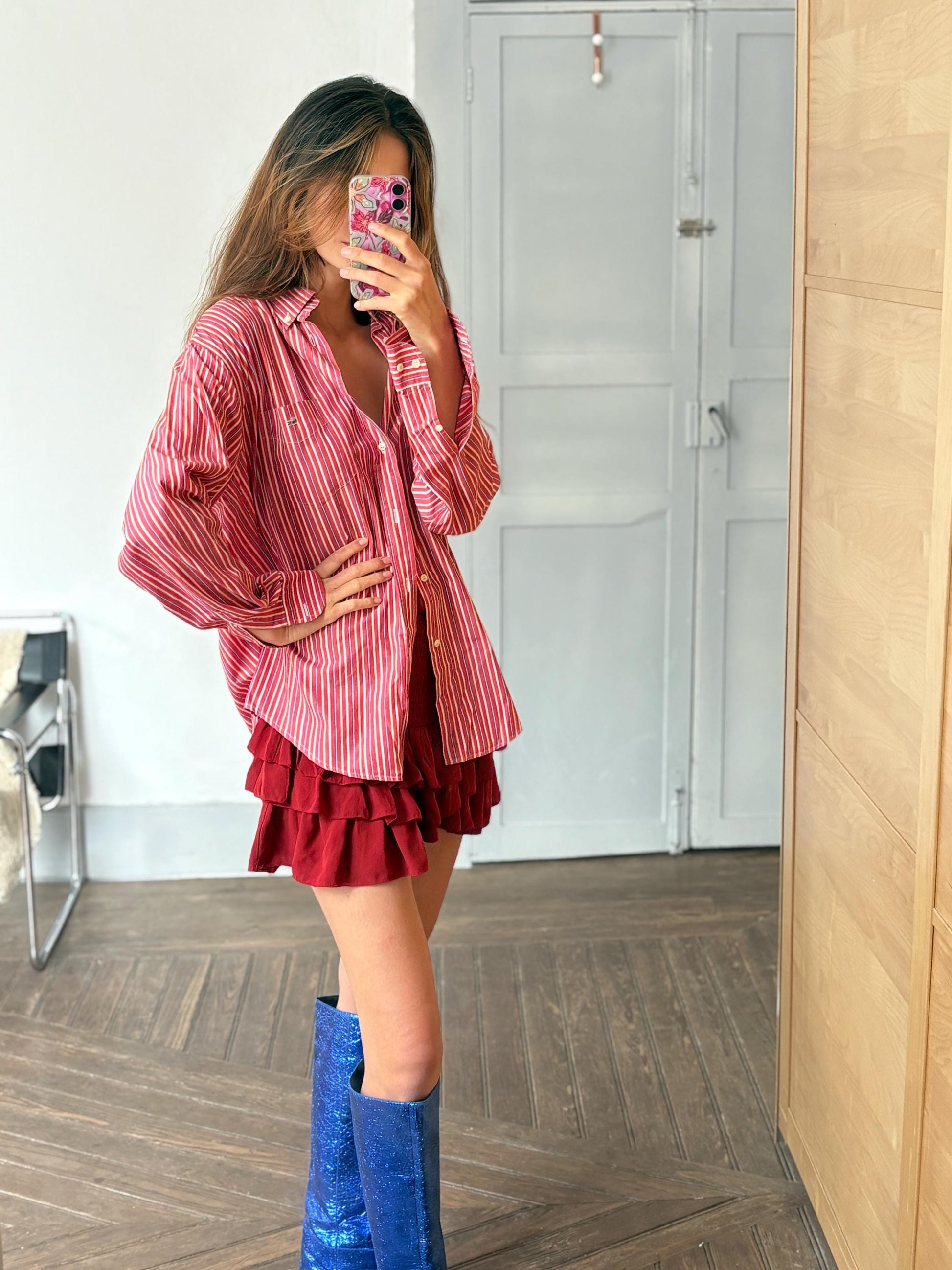 Vintage Red lacoste striped men's shirt, Elegant button up shirt, Knot tie oversized blouse, Colourful boyfriend clothing,