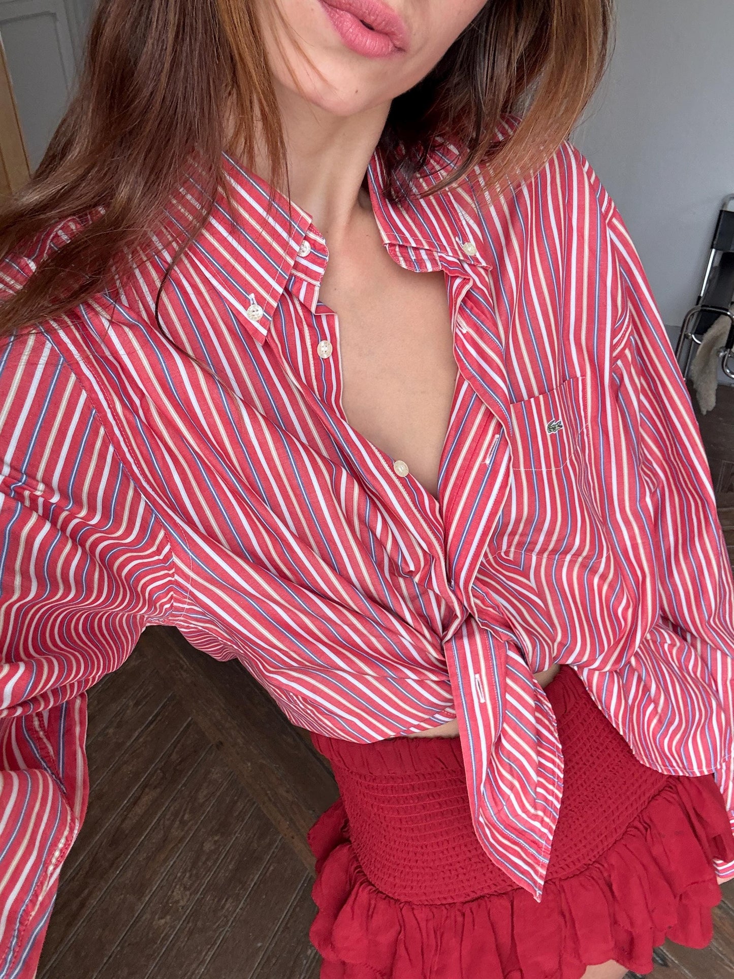 Vintage Red lacoste striped men's shirt, Elegant button up shirt, Knot tie oversized blouse, Colourful boyfriend clothing,