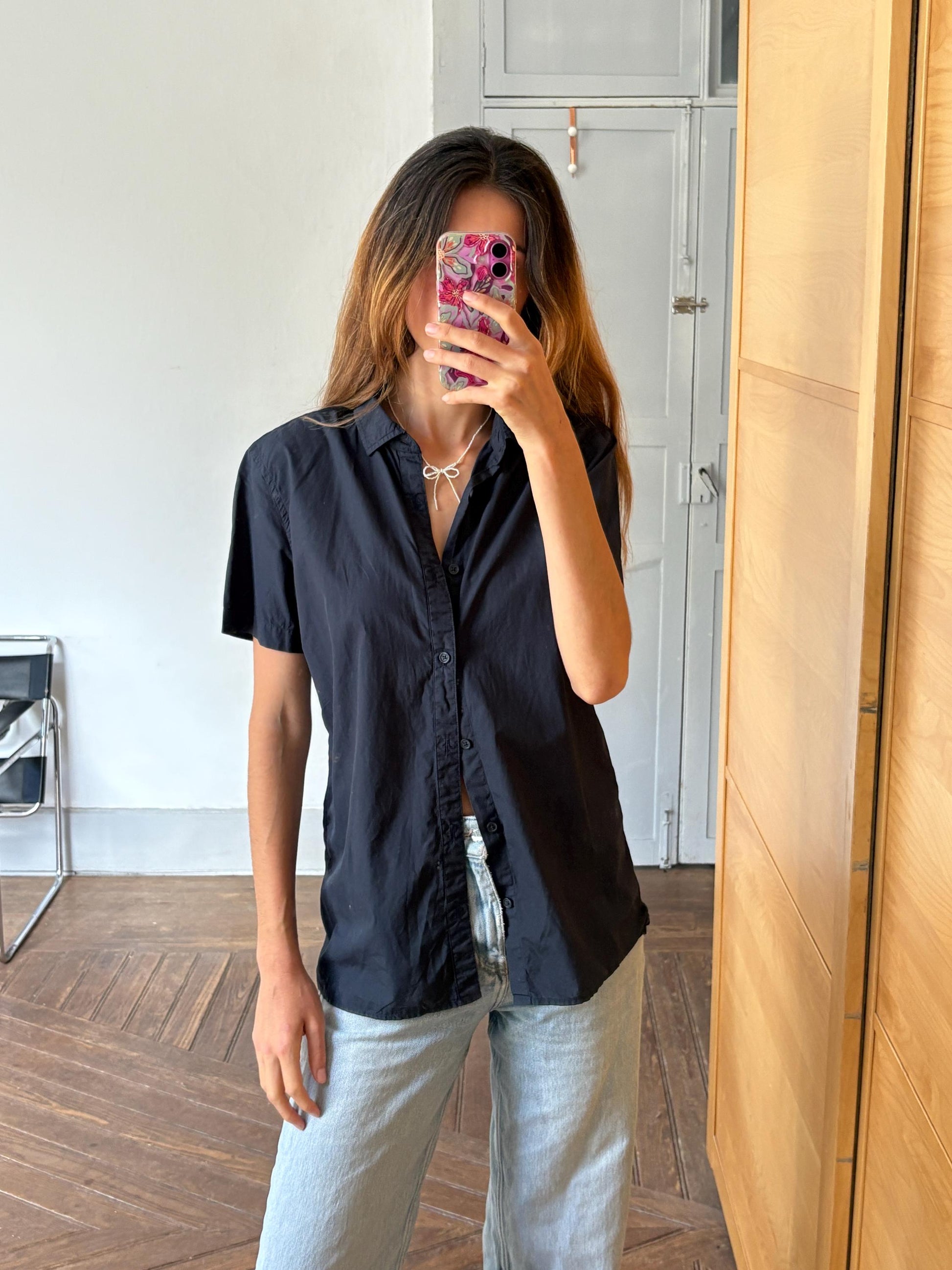 Vintage Armani Exchange black button up shirt, 1990s Casual chic cotton fitted blouse, Size M