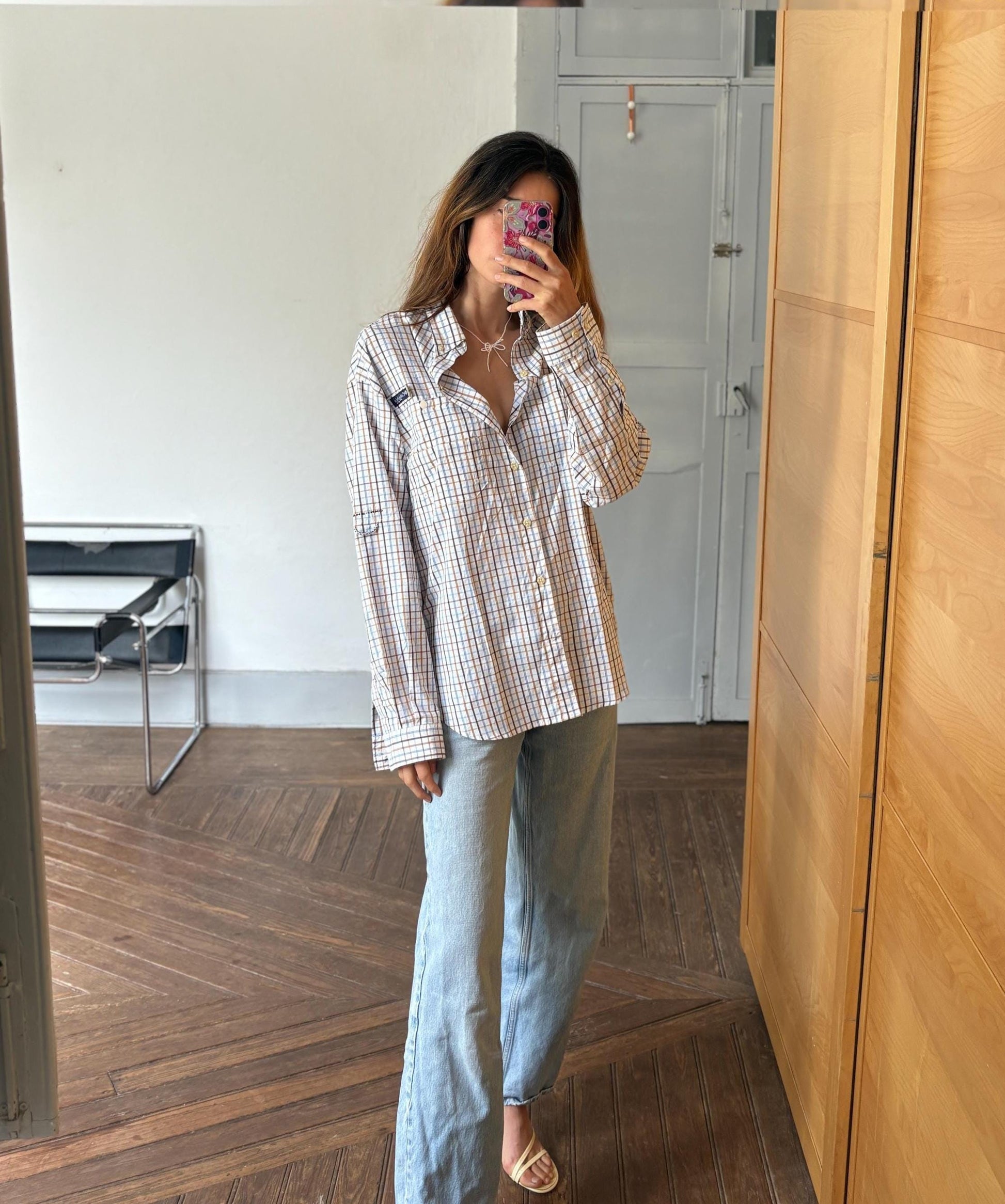 Columbia vintage check shirt M mesh lining utility outdoor button down hiking shirt unisex oversized fit blue brown plaid