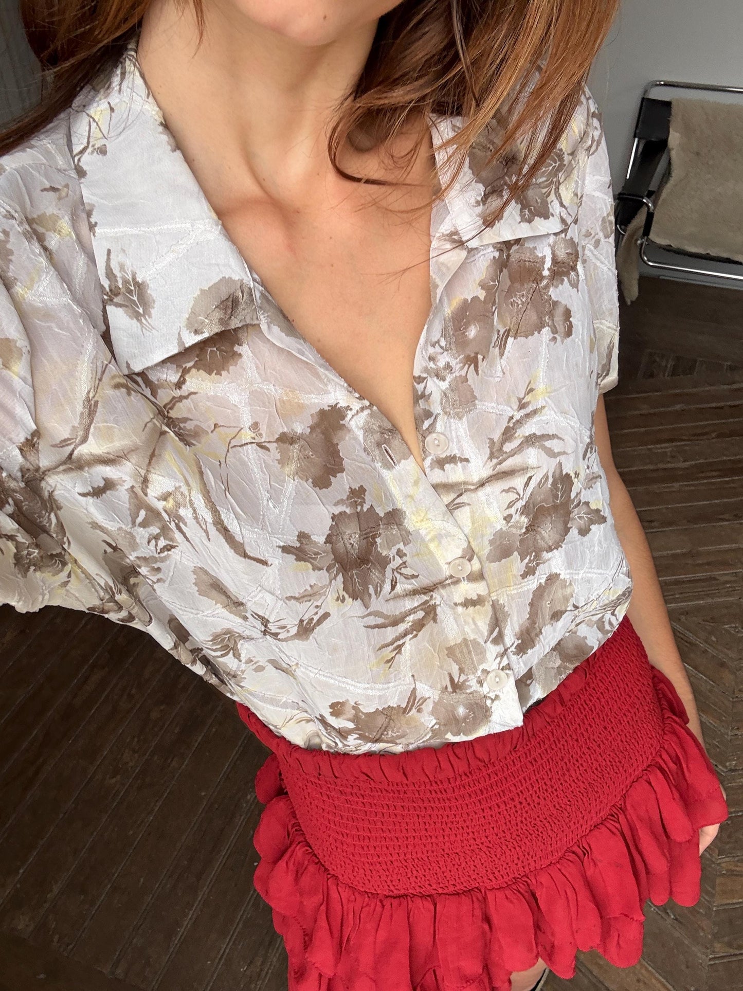 Vintage Sheer Floral Blouse by Talk Talk | Retro Print See Through Shirt for Summer Layering, Size S - M