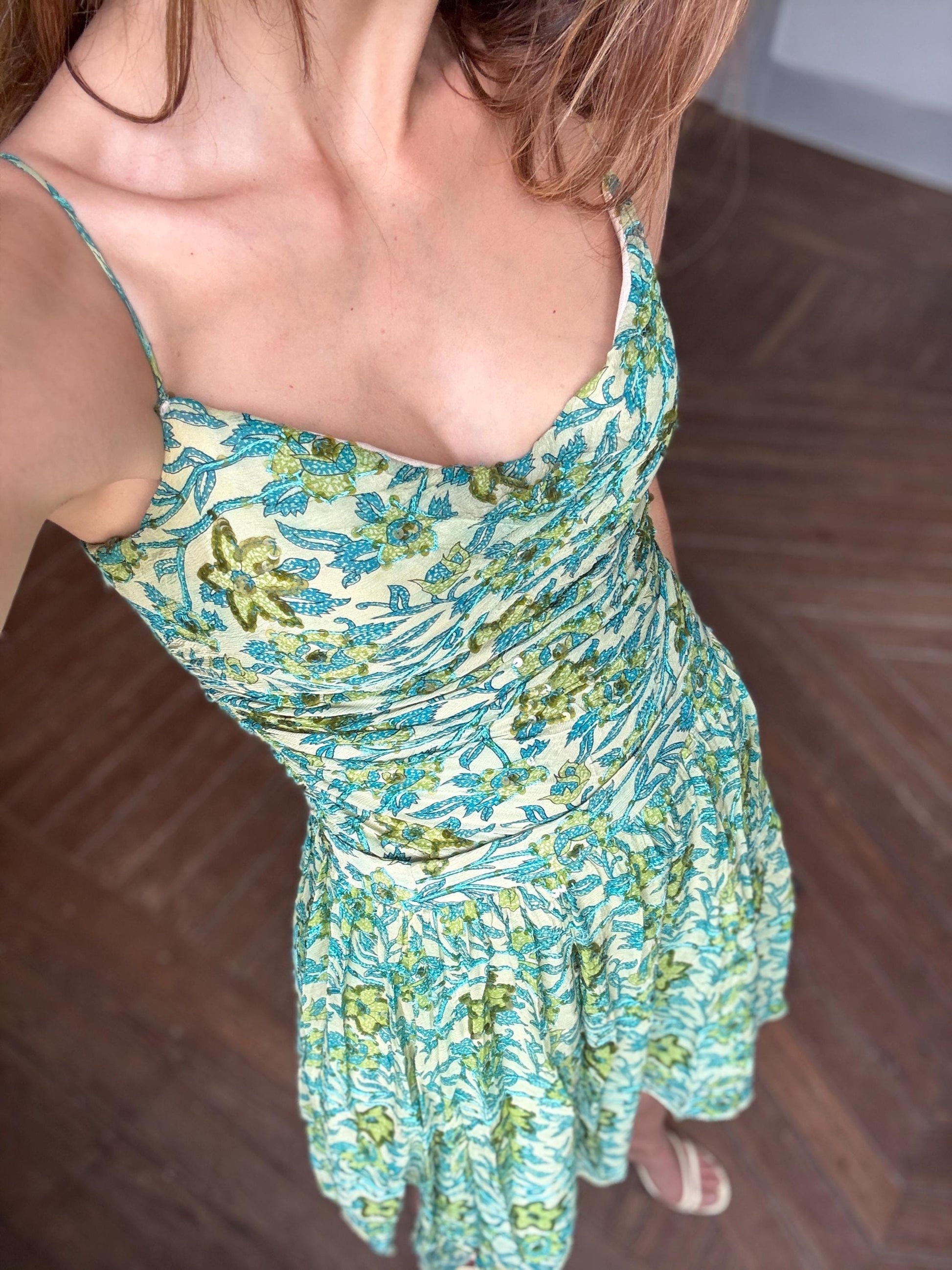 Petite Vintage Etxart & Panno 100% Silk Two Piece, Luxury Set with Sequin Floral Top and Skirt Size S - XS, Wedding guest outfit, Event wear