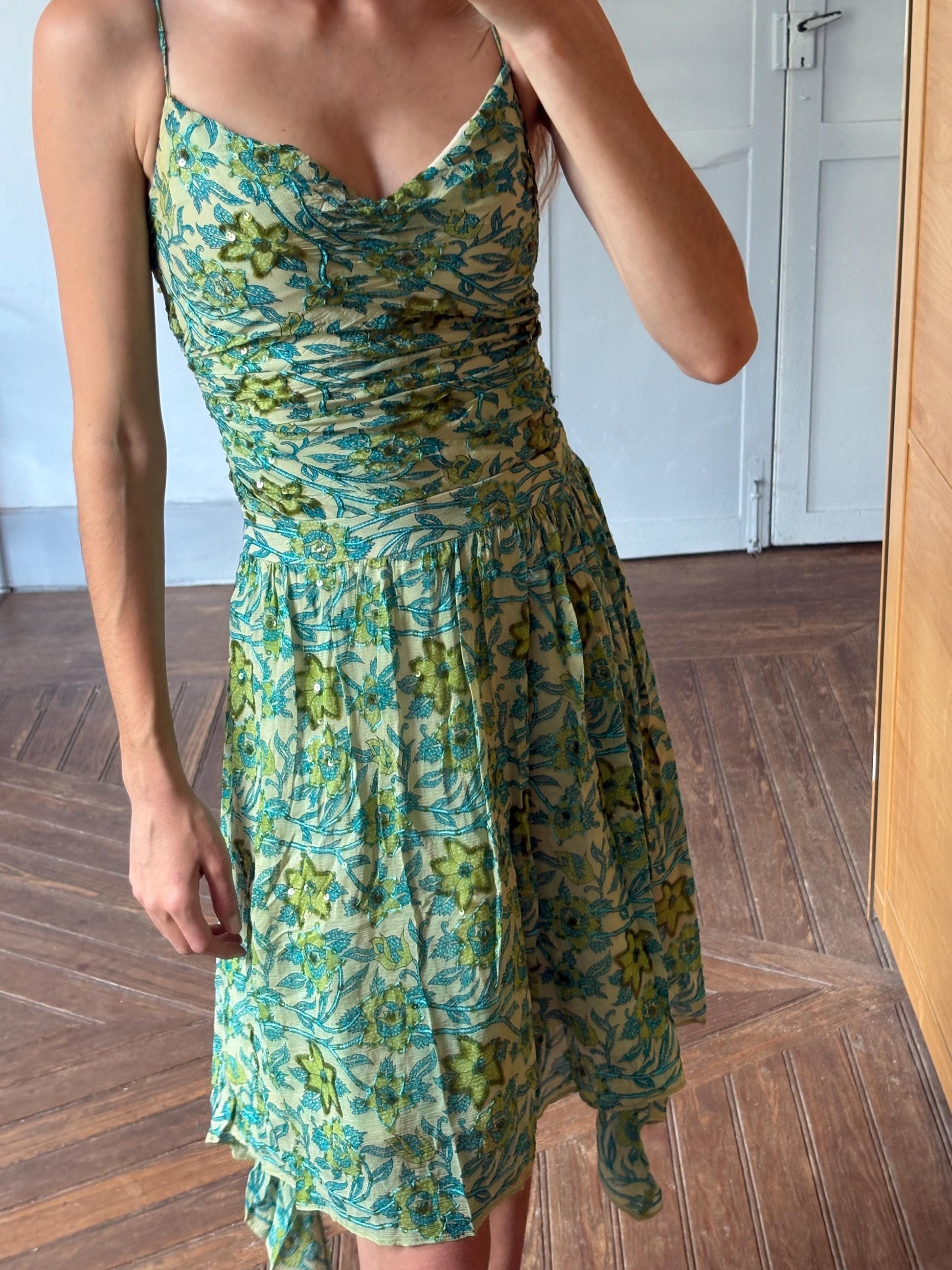 Petite Vintage Etxart & Panno 100% Silk Two Piece, Luxury Set with Sequin Floral Top and Skirt Size S - XS, Wedding guest outfit, Event wear