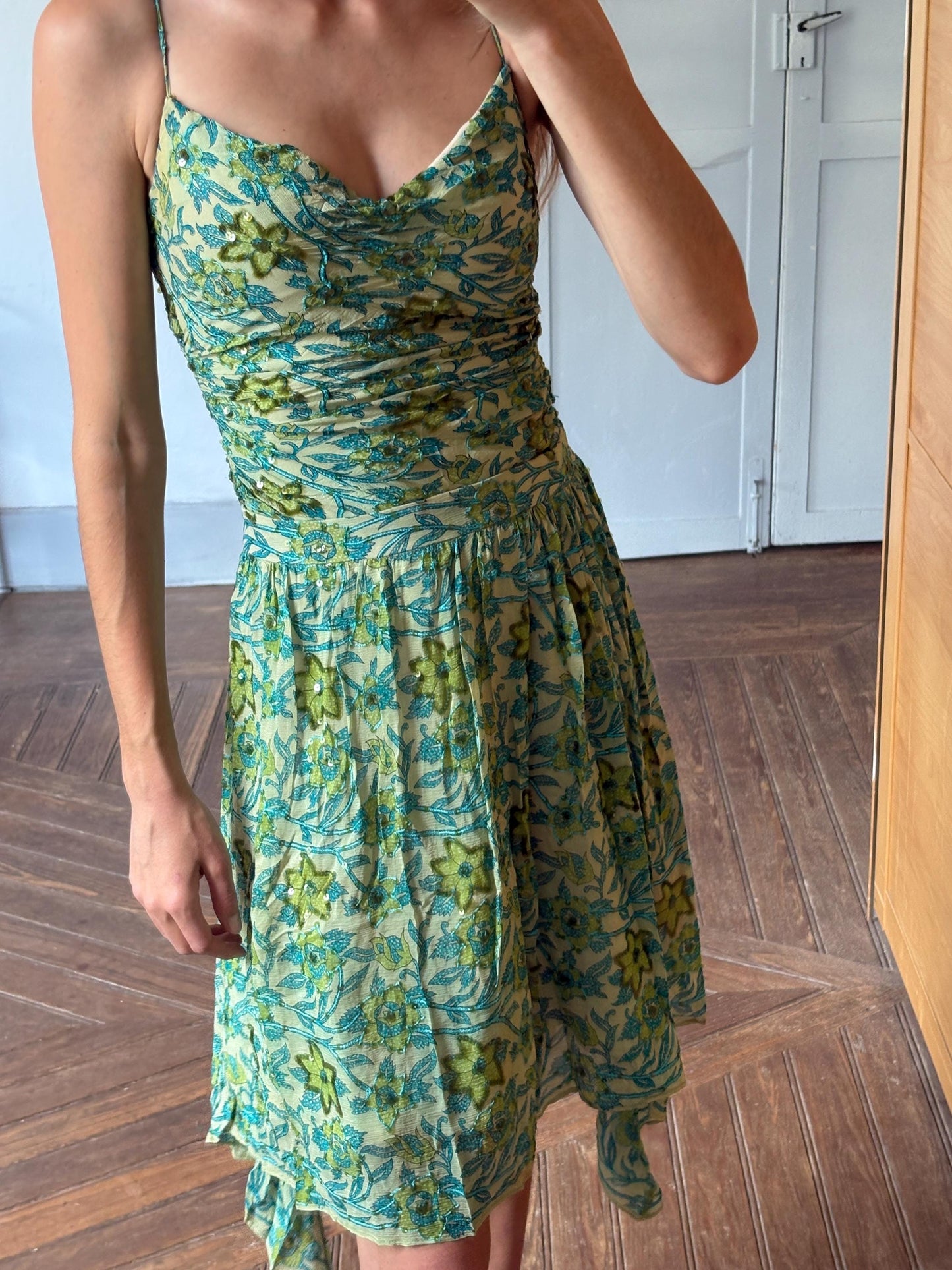 Petite Vintage Etxart & Panno 100% Silk Two Piece, Luxury Set with Sequin Floral Top and Skirt Size S - XS, Wedding guest outfit, Event wear