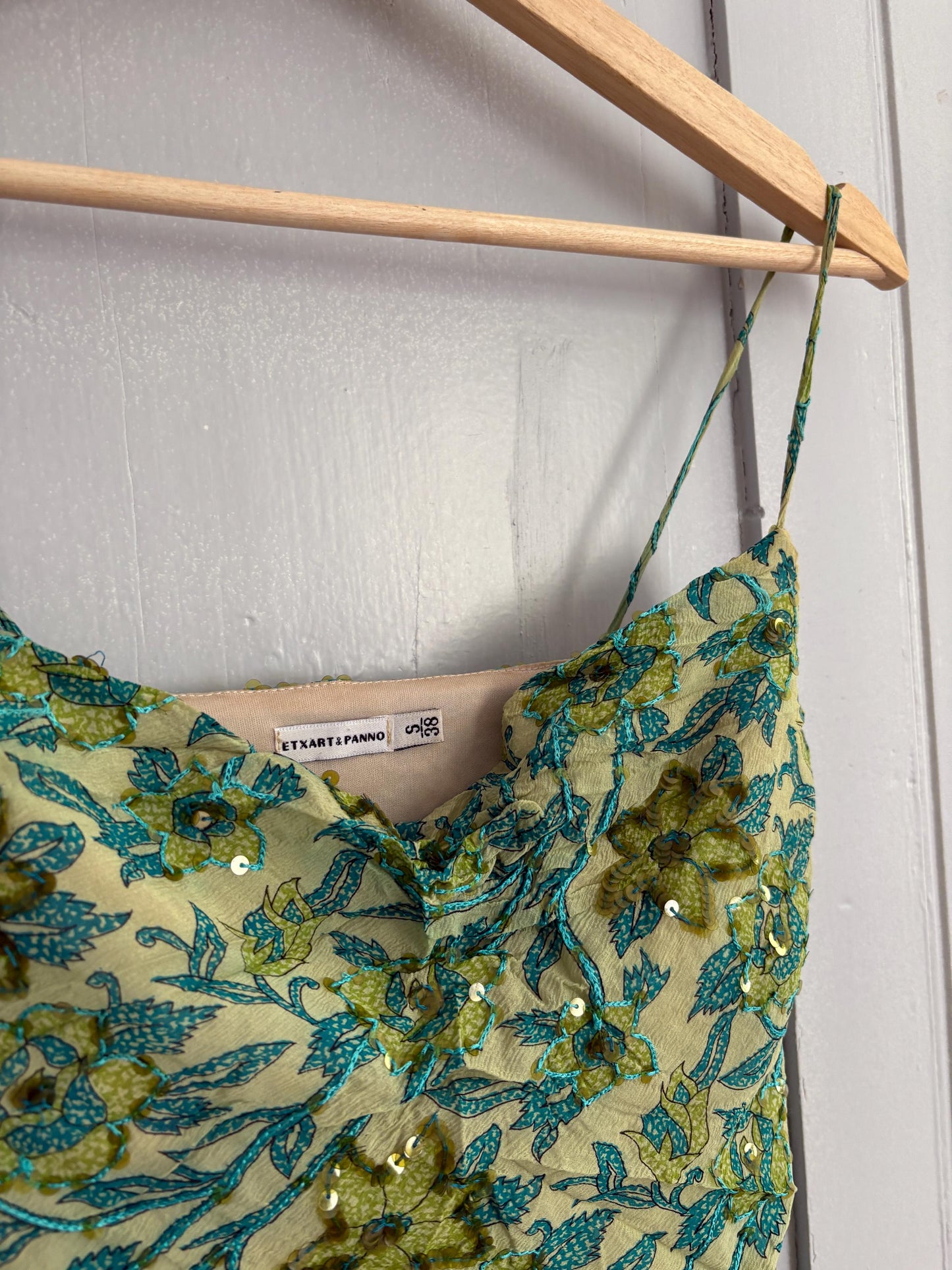 Petite Vintage Etxart & Panno 100% Silk Two Piece, Luxury Set with Sequin Floral Top and Skirt Size S - XS, Wedding guest outfit, Event wear