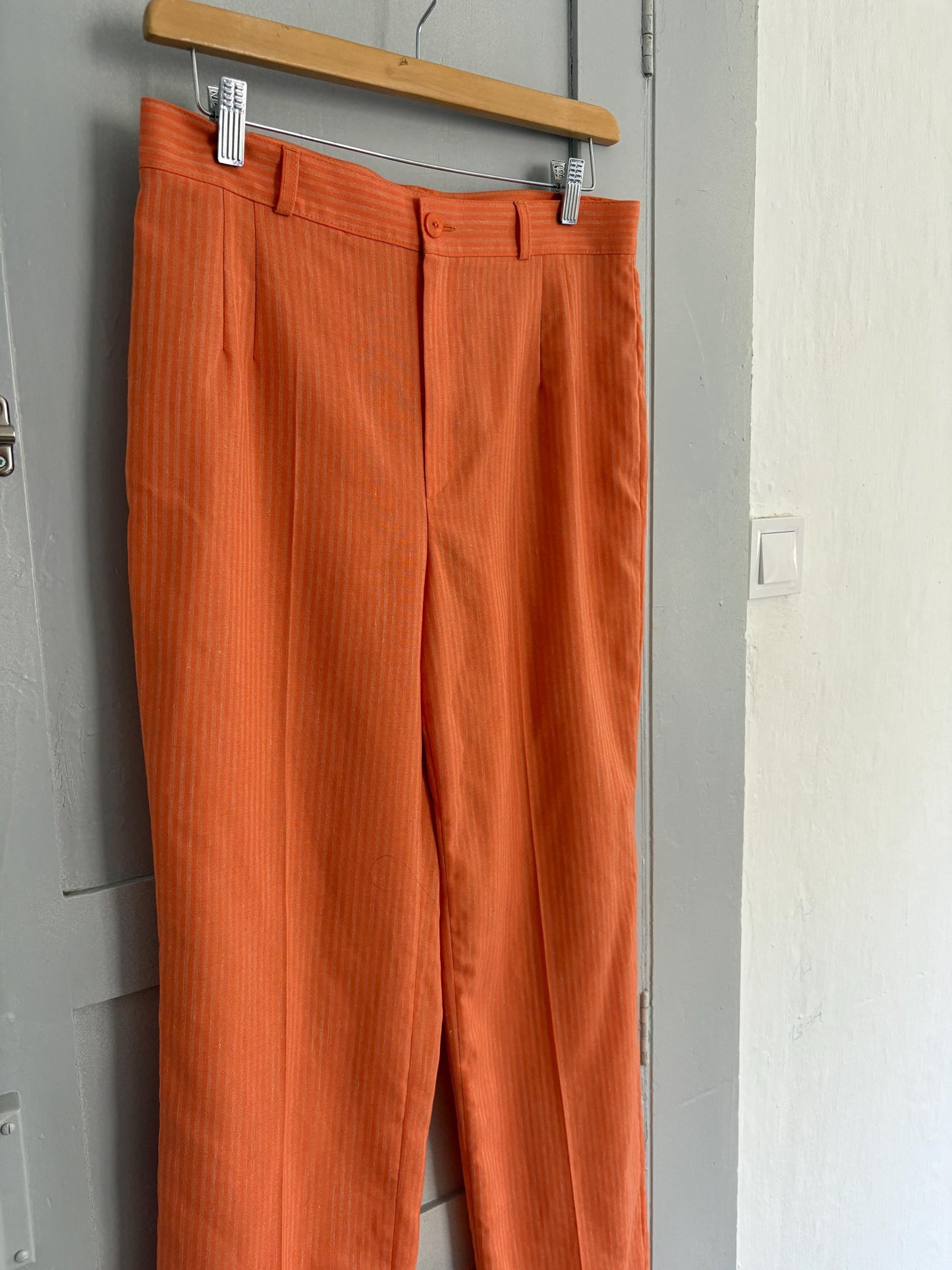 vintage orange pants, Bold pinstripe trousers, Wool blend spring outfit, Luxe statement trousers, Colourful vibrant retro pants