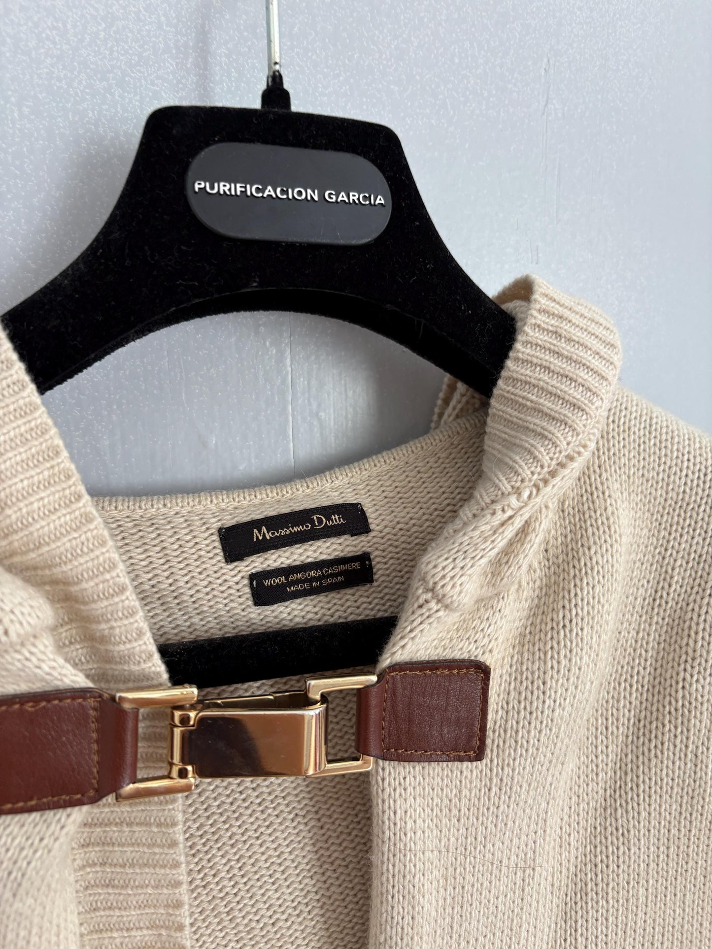 Vintage Massimo Dutti Wool Angora Cashmere Vest with Hood Leather Closure, Made in Spain