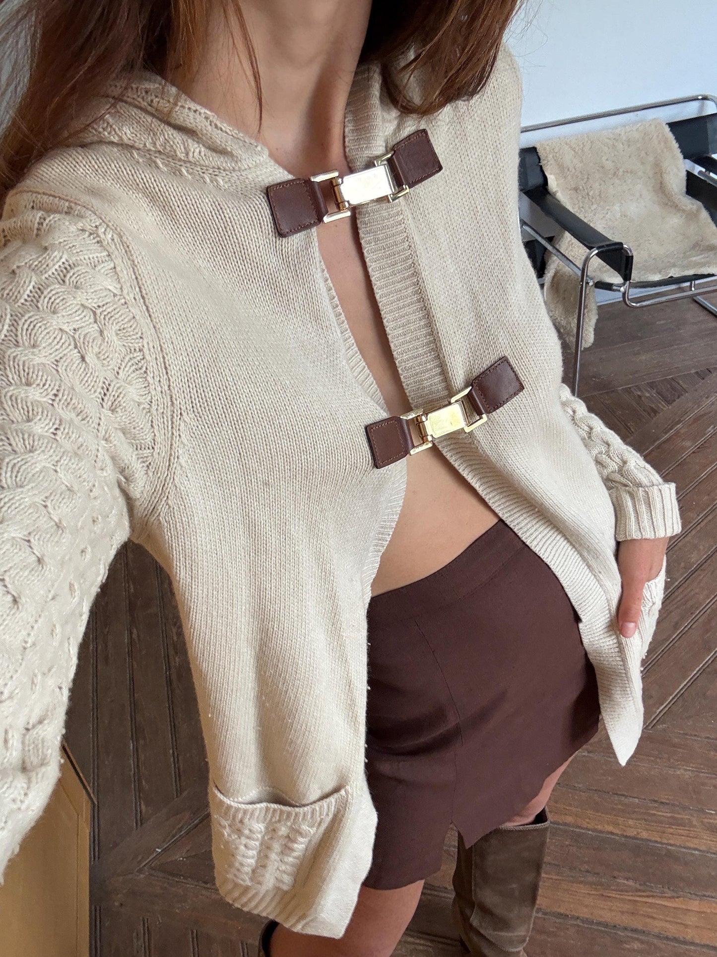 Vintage Massimo Dutti Wool Angora Cashmere Vest with Hood Leather Closure, Made in Spain