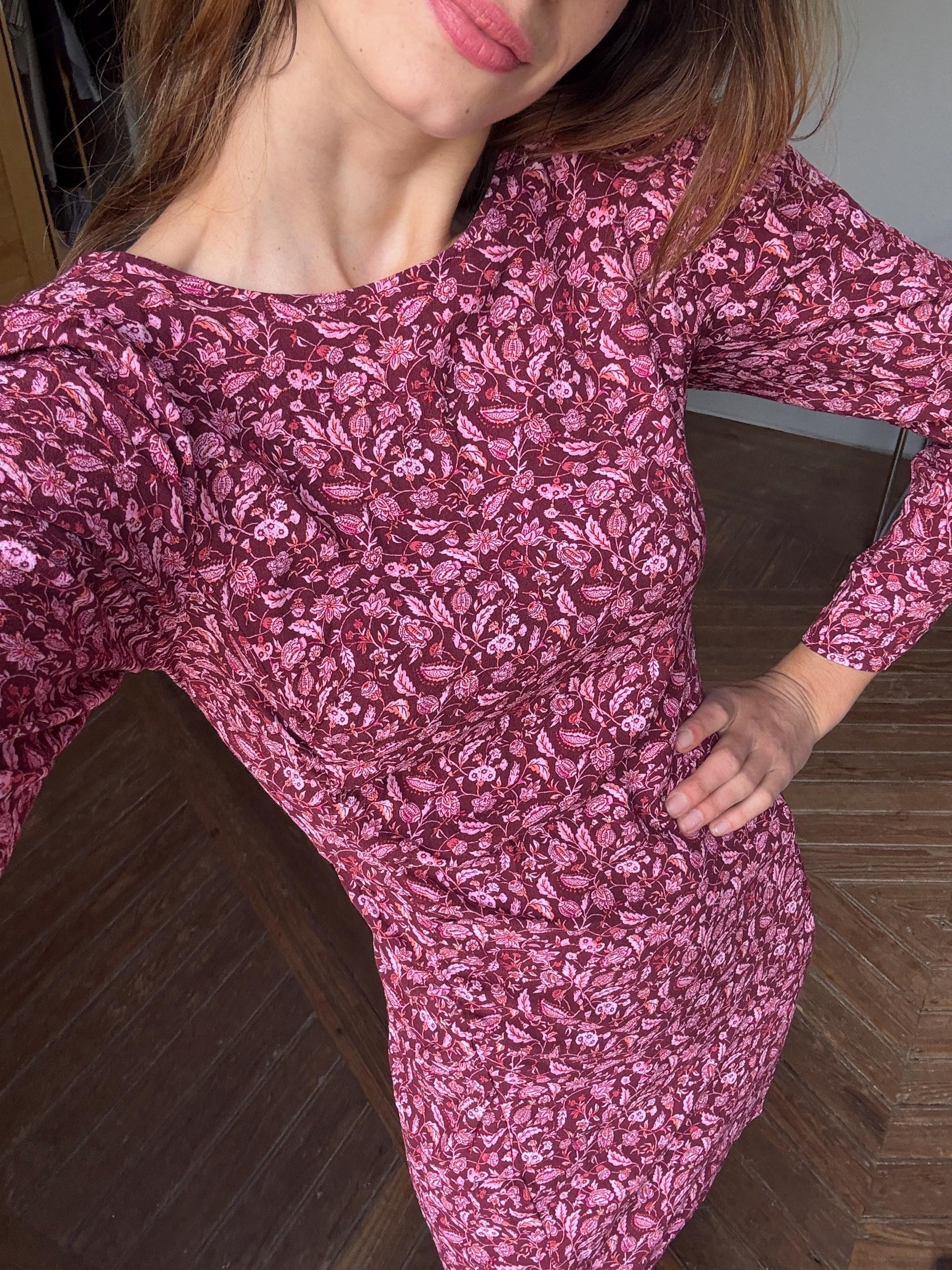Vintage floral mini dress, Ruched long sleeve bodycon, stylish feminine aesthetic short summer outfit