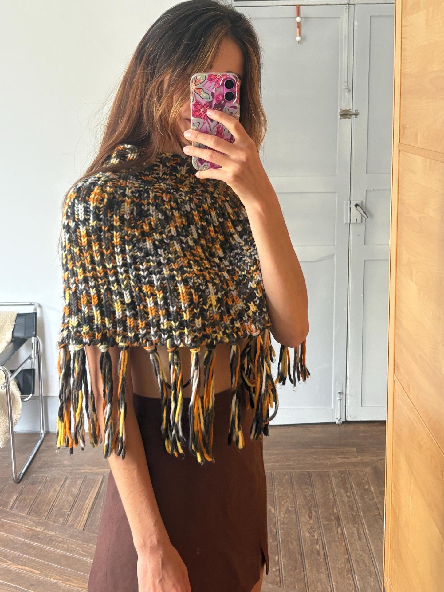 Vintage Colourful knit poncho, Sexy cropped unique top, 90s style winter wear,