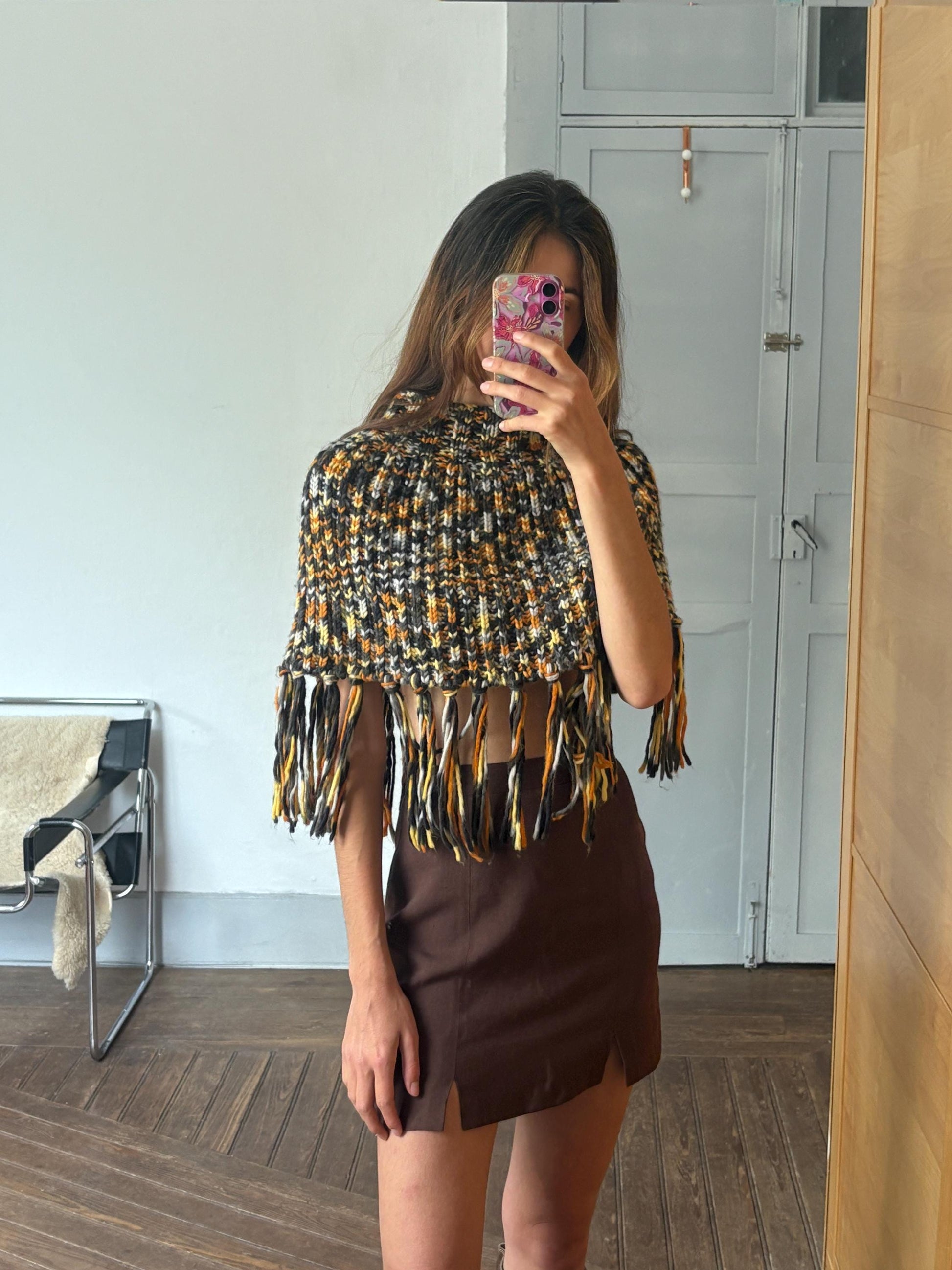 Vintage Colourful knit poncho, Sexy cropped unique top, 90s style winter wear,