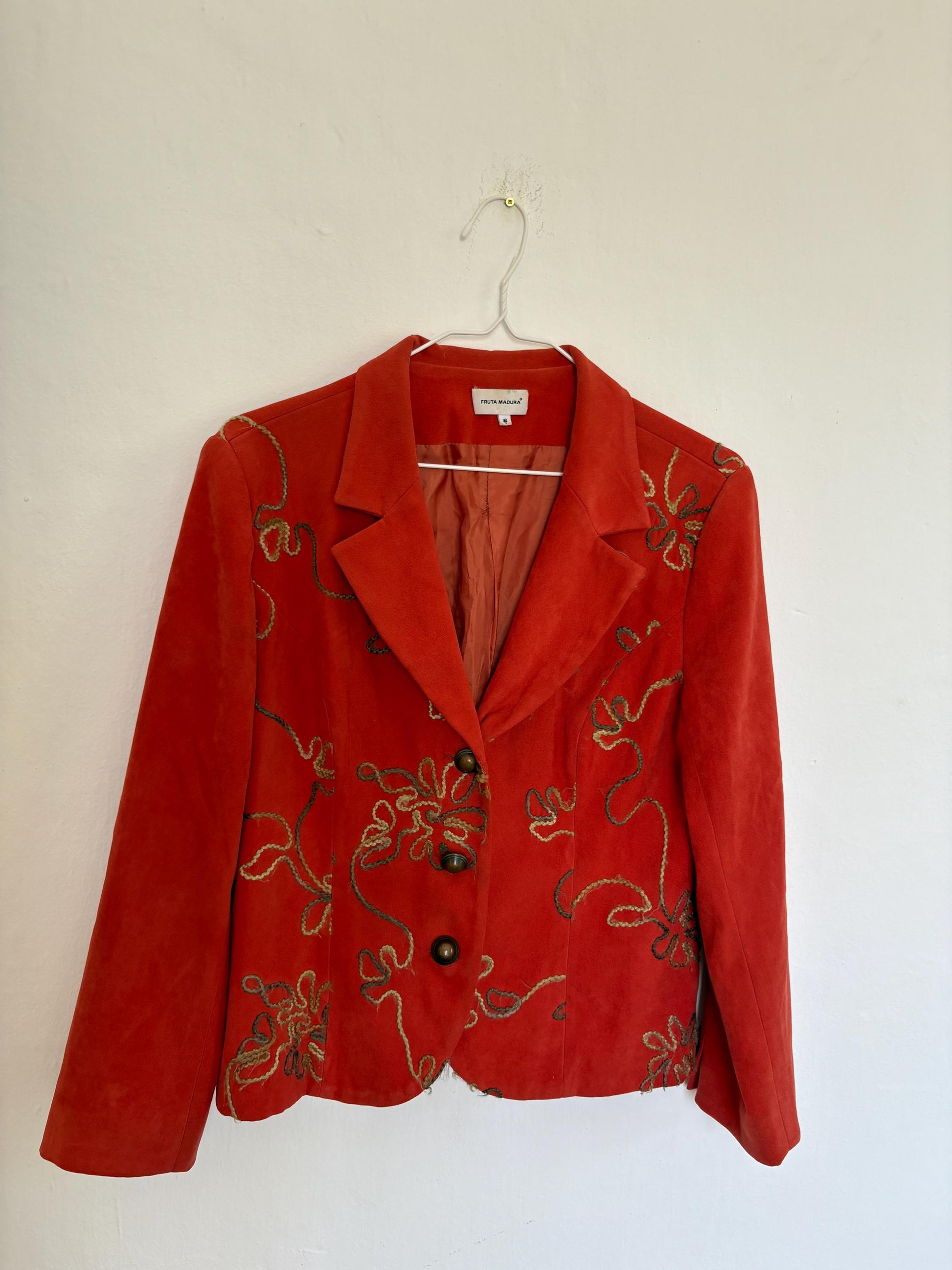 Vintage vibrant red Blazer Made in Spain, Floral Embroidered Red Jacket, Size M, Fun playful retro summer coat