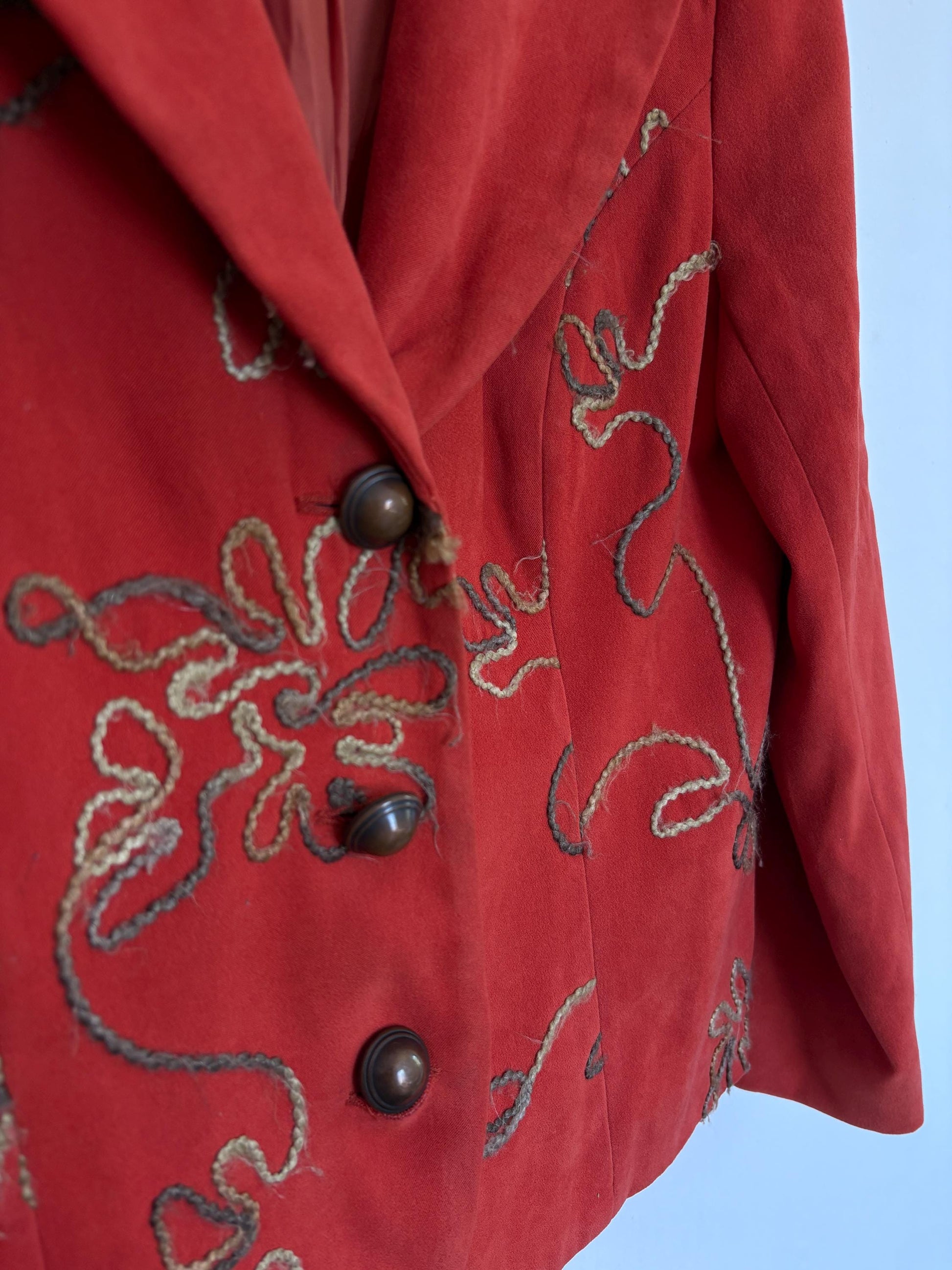 Vintage vibrant red Blazer Made in Spain, Floral Embroidered Red Jacket, Size M, Fun playful retro summer coat